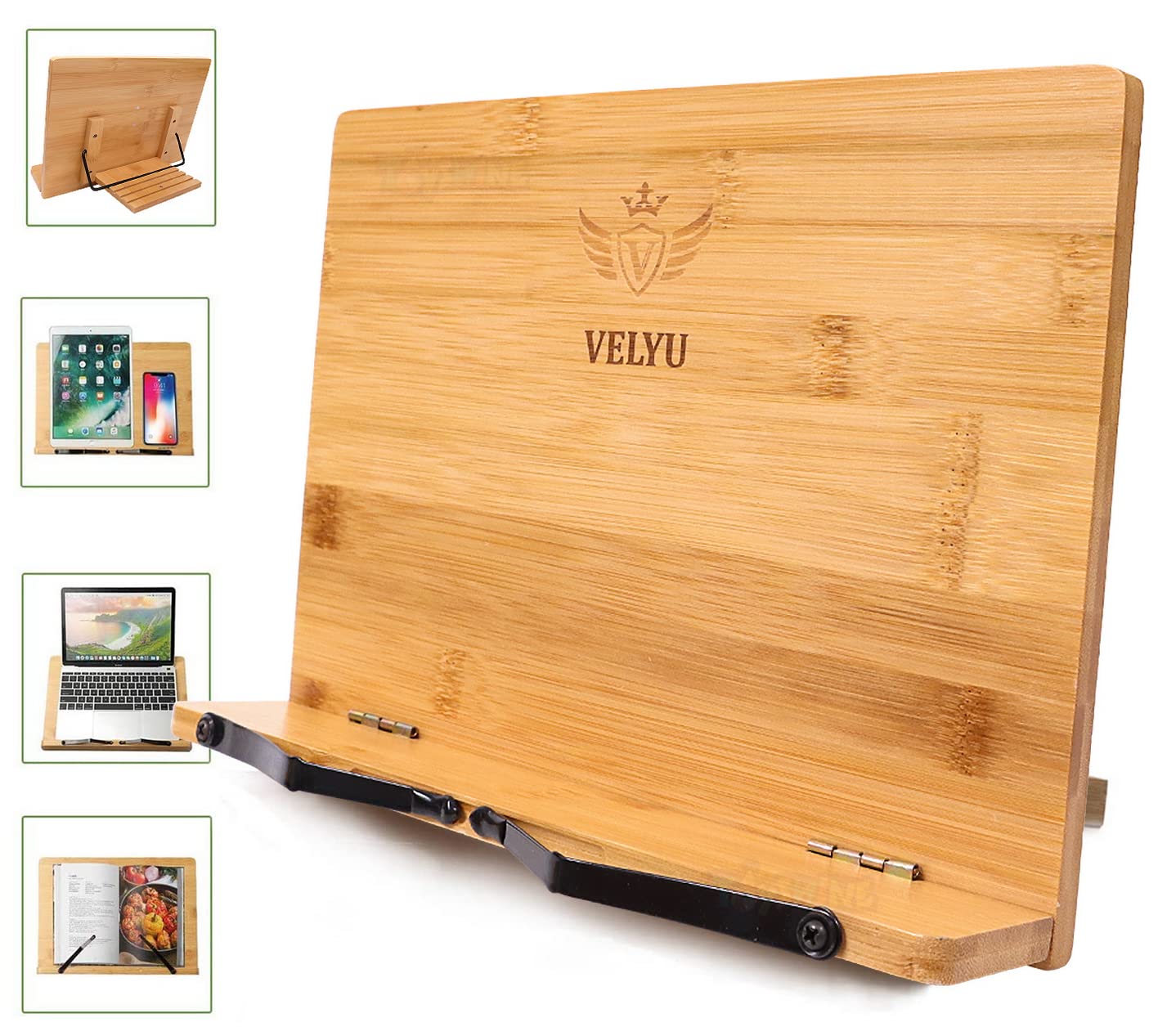 Toyshine Velyu PU Coated Foldable Bamboo Book Reading Stand Cookbook Stand Tablet Mobile Holder, 11" x 8.75" Portable Recipe Holder, Reading Frame Rest Holder Adjustable Desk Bookrest, Textbook Book