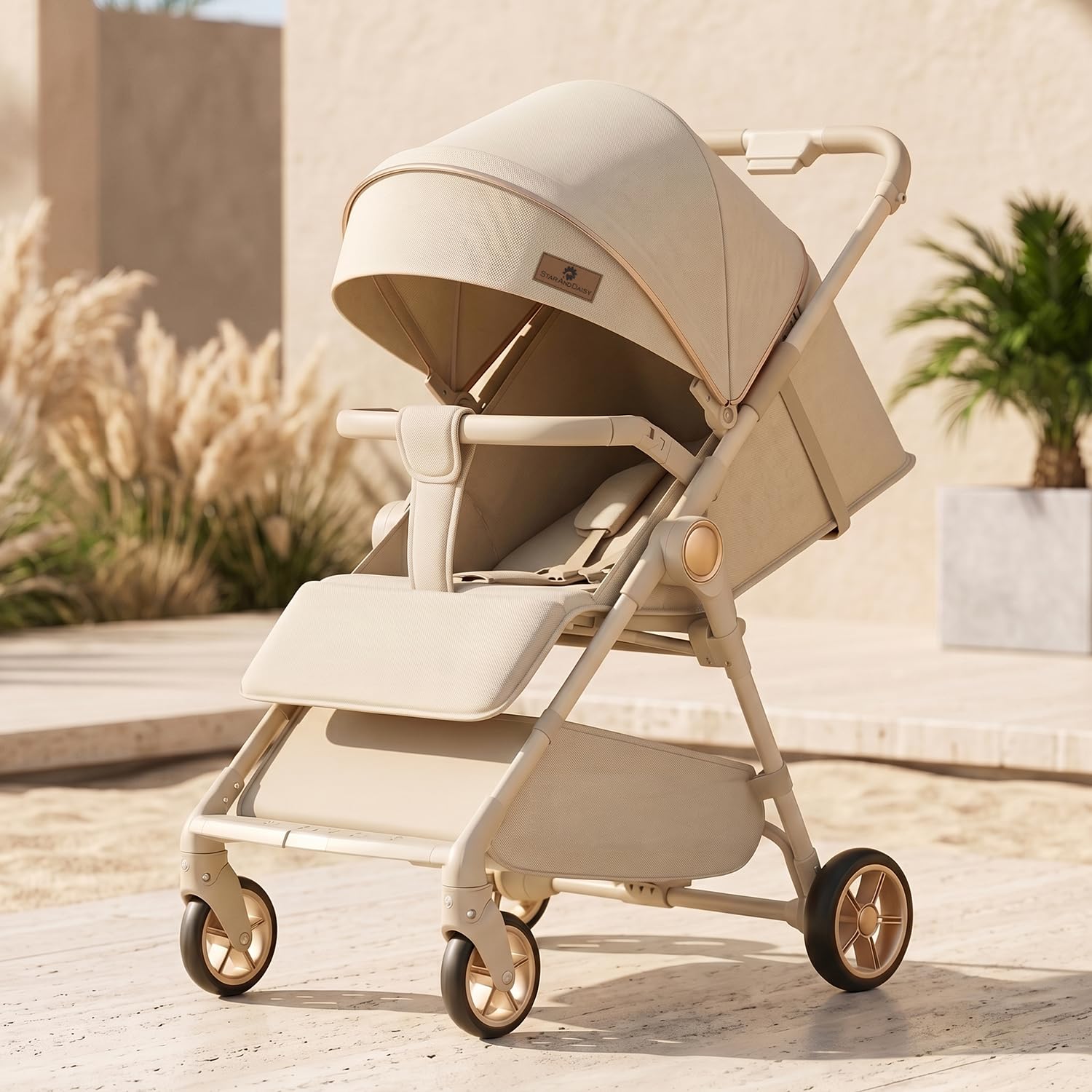 StarAndDaisy Foldable Stroller for Baby 0-3 Years Infant & Toddler / Travel Pram for Baby with Adjustable Canopy & Footrest with Lockable Wheels, Multi-Level Recline , Storage basket, 5-point safety Belt (Beige)-image-28