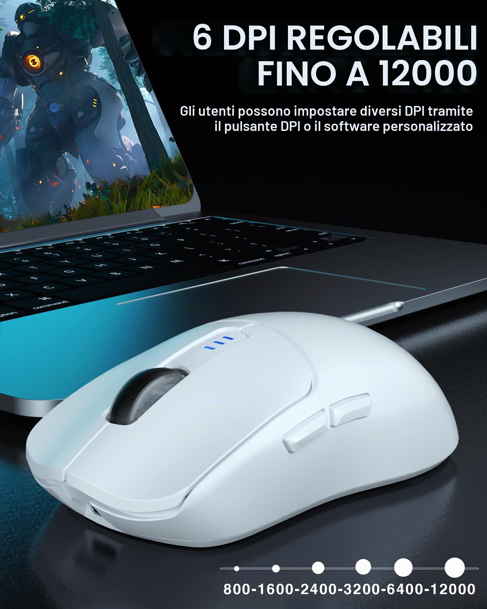 AULA SC580 - Mouse wireless da gioco, Tri-Mode 2,4 Ghz/USB-C/BT5.0, fino a 10000 DPI, 6 pulsanti programmabili, mouse da gioco leggero, ricaricabile per laptop, PC, Mac, tablet