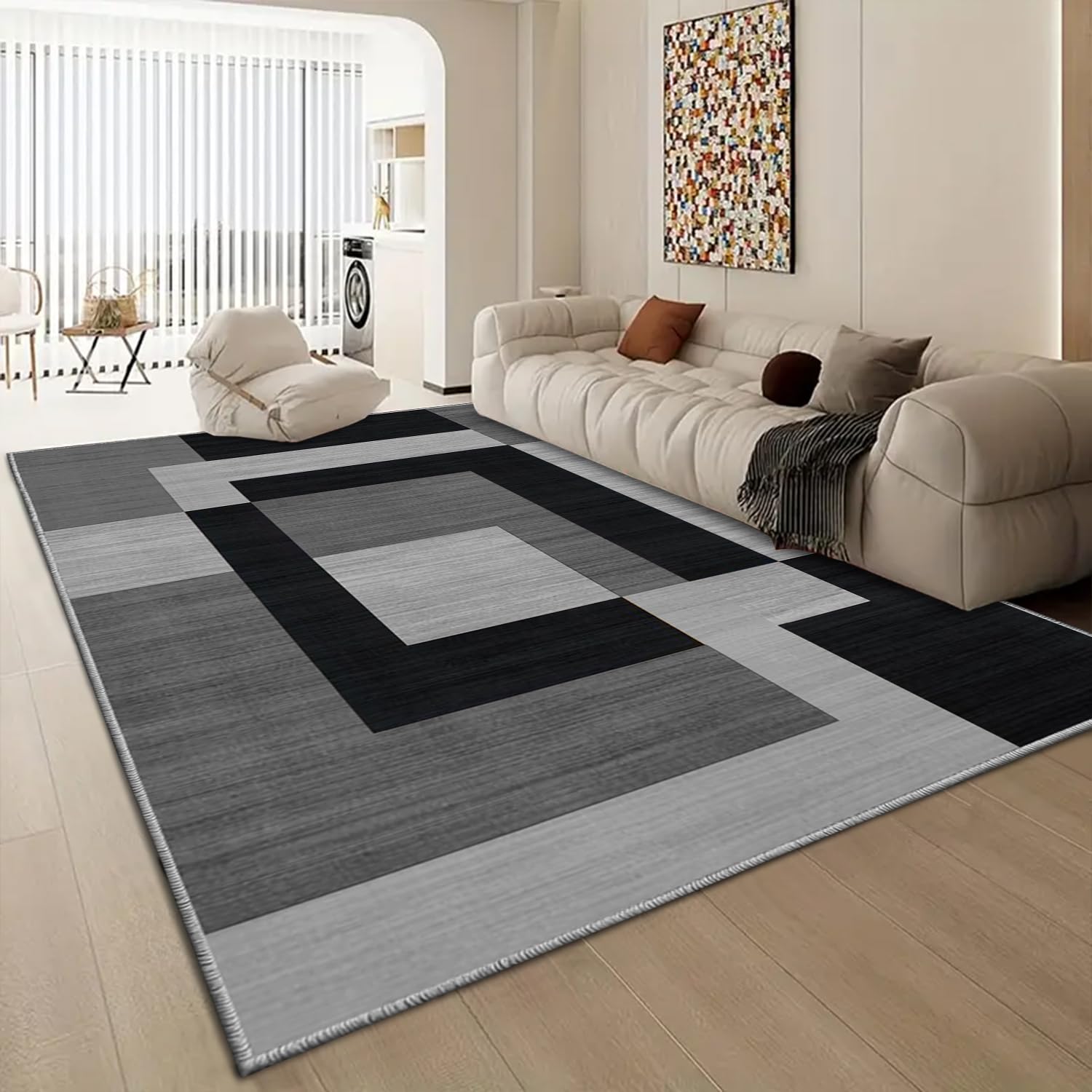 Aspire Homeware Rugs Living room Large 160x230 cm - Non-Slip Geometric Style Crawling & Playing Anti-Slip Backing Short Pile Black & Grey Rug for Bedroom, Nursery Room, Lounge, (Milo Black & Grey)