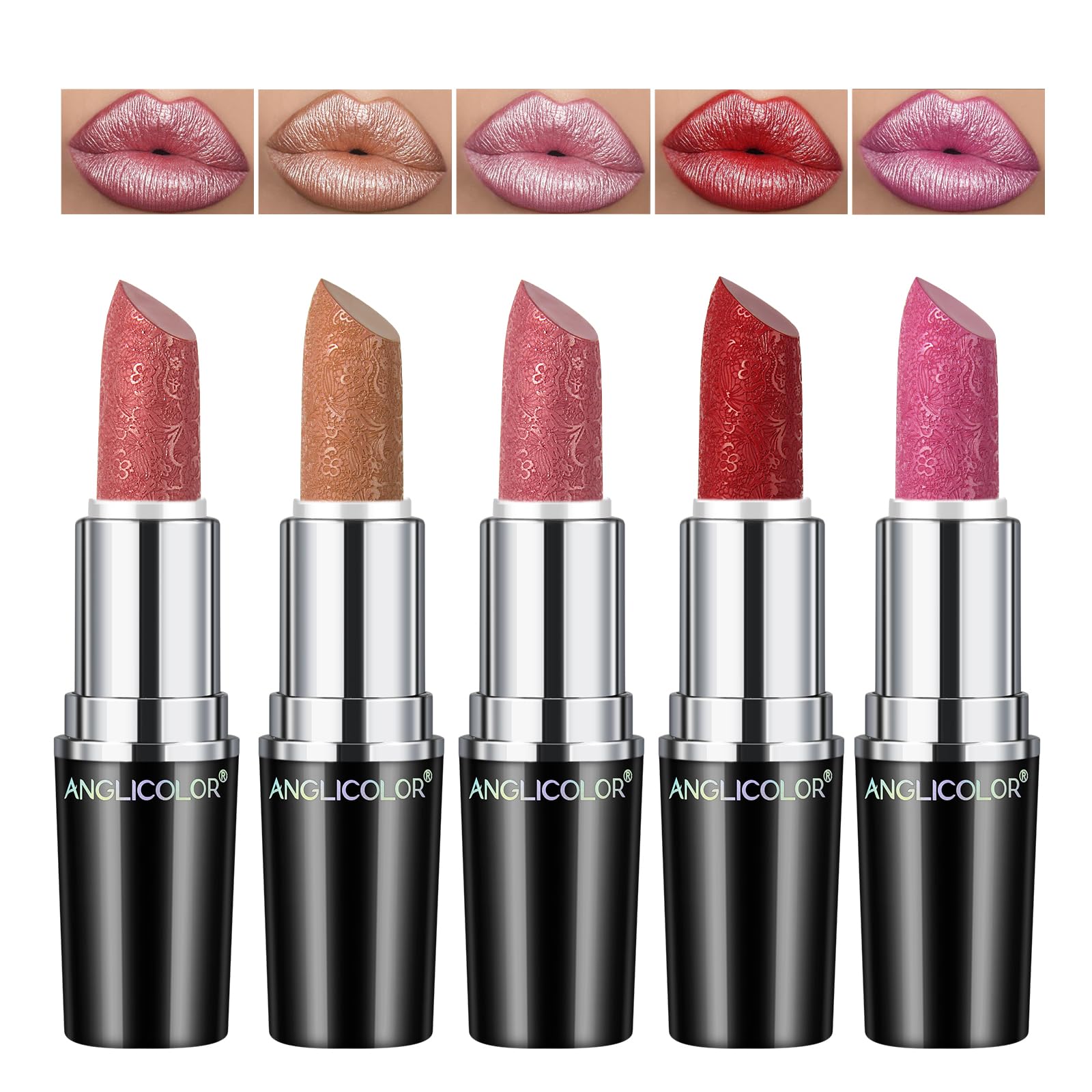 Anglicolor 5pcs Glitter Lipstick High Impact Lipcolor,Lipstick Moisturizing Creamy Formula,Metallic Lipstick For Women For Vegan & Cruelty-Free,