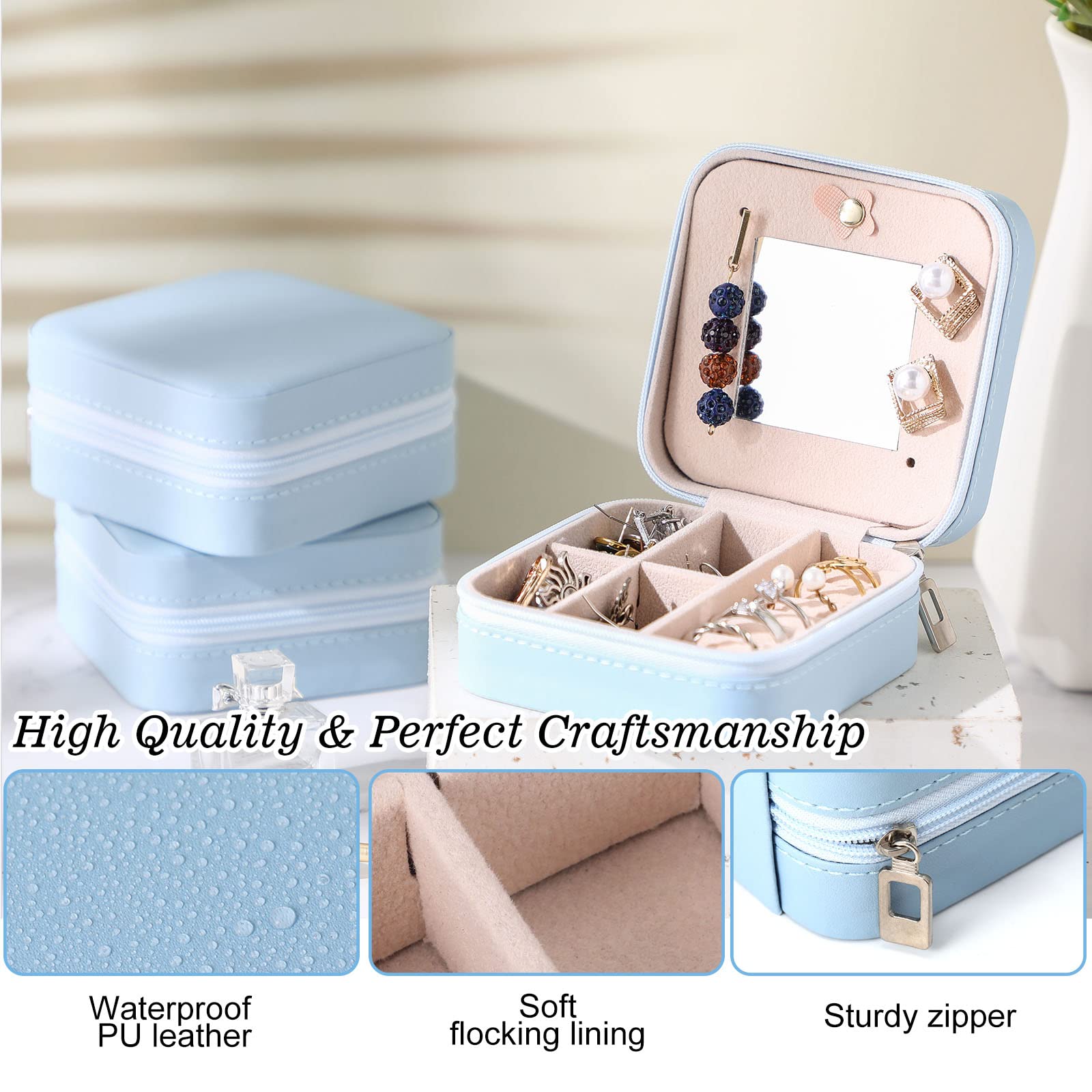 Hillban 6 pz piccolo contenitore di gioielli da viaggio organizzatore con specchio portatile, scatola porta oggetti, contenitore plastica con coperchio per ragazze donne orecchini collana anelli (blu)