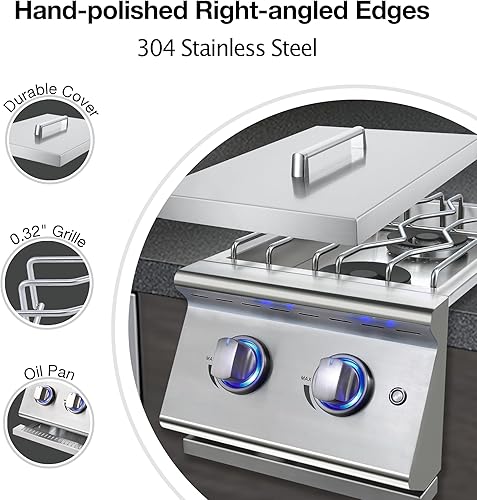Miniatura 4 de Quemadores laterales dobles para cocina al aire libre, 2 quemadores de propano líquido de 15,000 BTU, acero inoxidable 304 resistente, quemador