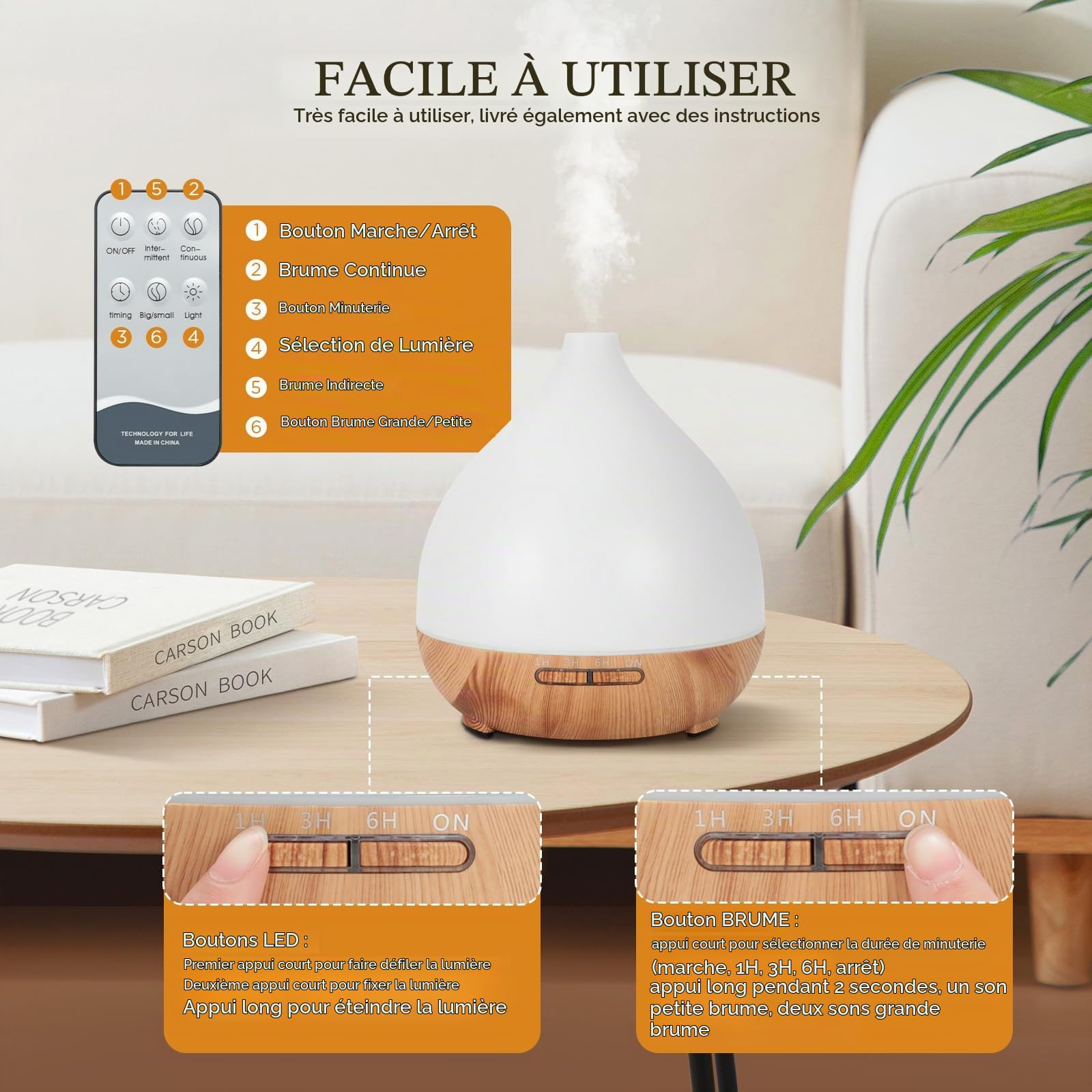 Cozary Diffuseur d'Huile Essentielle, 400ml Ultrasonique Diffuseur Huiles Essentielles Electrique avec Télécommande 3 Minuterie, 7 Couleurs LED Humidificateur d'air, Arrêt Automatique