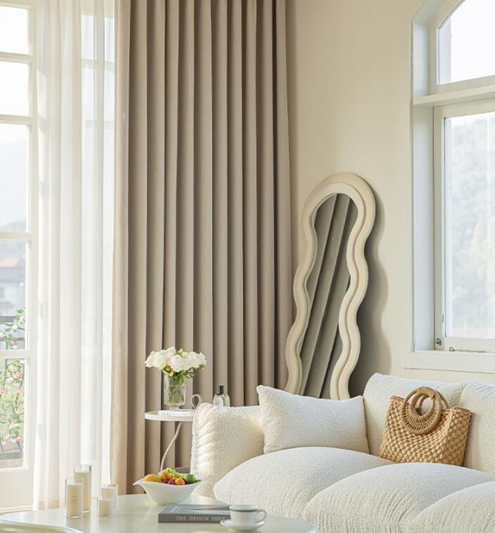 Rideau occultant pour chambre d'enfant et salon, déco zen beige avec motif feuilles 160cm