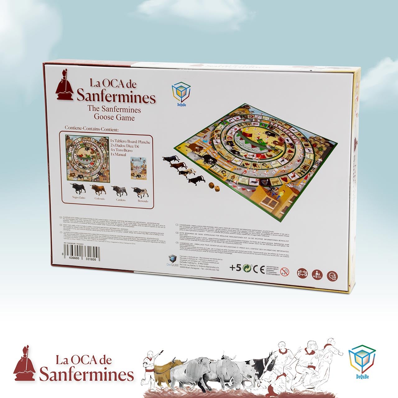DeQube 924D00180 Jeu de l'oie de San Fermin – Comprend 4 Mini taureaux de Collecte et dés en Bois – Dimensions Plateau 50 x 50 cm
