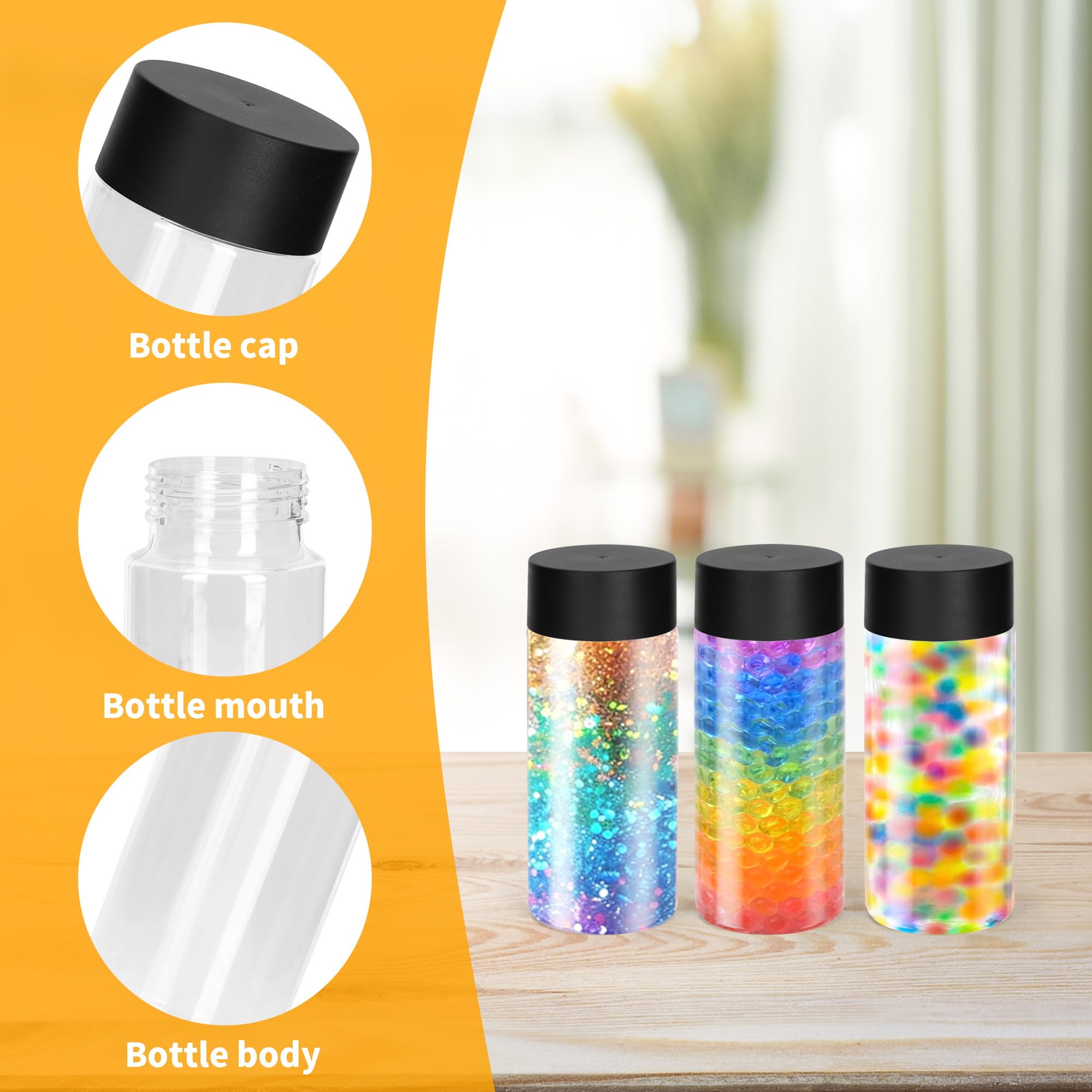 24 bottiglie sensoriali vuote in plastica trasparente con tappi, 300 ml, in plastica PET, riutilizzabili, a prova di perdite, per succhi di frutta, latte, per succhi di frutta (coperchio nero)