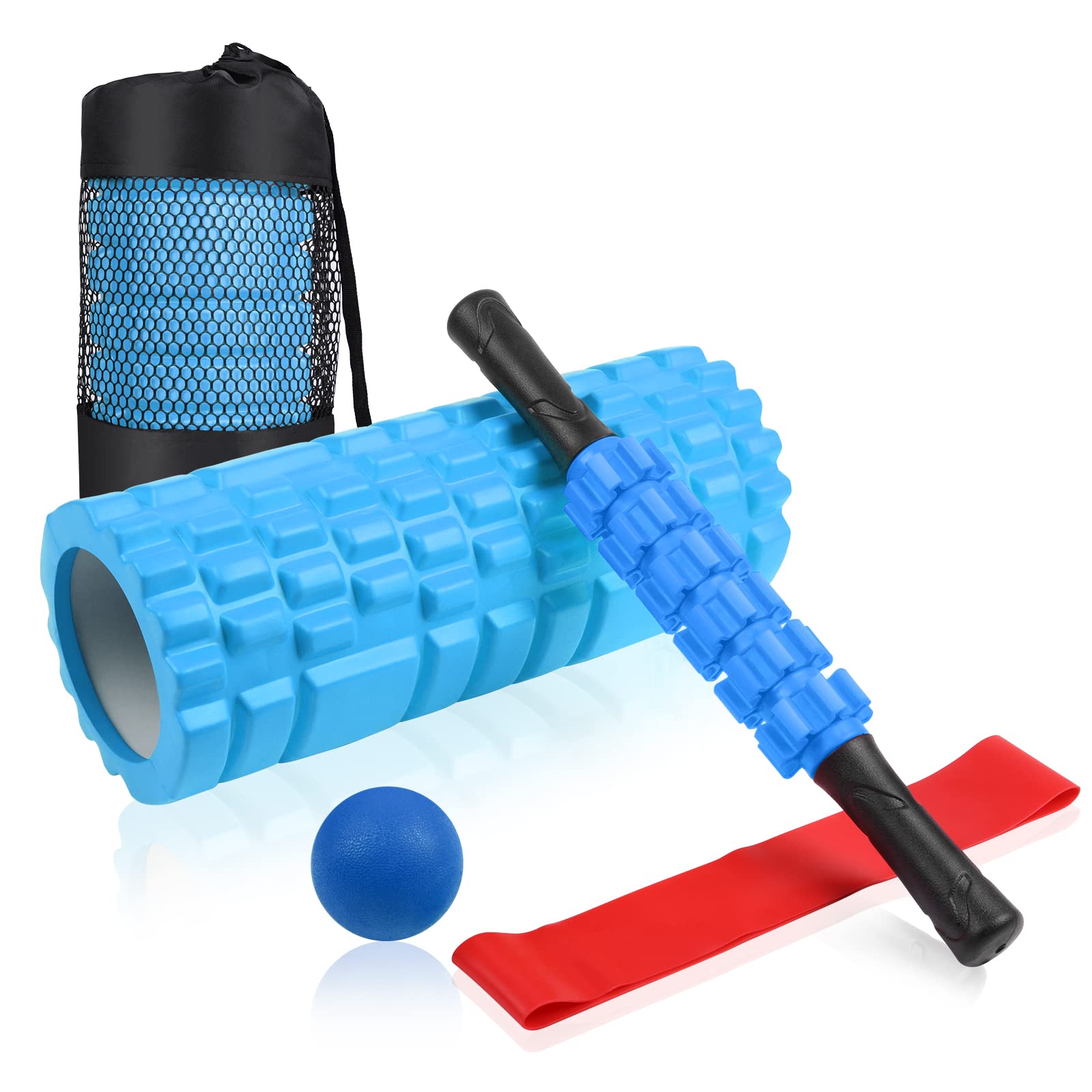 Photo 1 of 5 in 1 Foam Roller Set Includes Hollow Core Massage Roller, Yoga Stick, Massage Ball, Fitness Stretching Strap, Carrying Bag, Towel, Massage Roller (Blue)