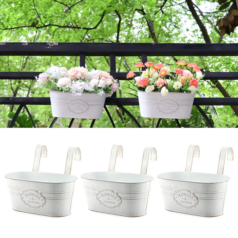 Meltset 3 Pack Metal Iron Hanging Flower Pot, Rustic Railing Planter, Oval Flower Pot Bucket Holder w Drainage Hole&Detachable Hook for Fence Garden Balcony Wall Indoor Outdoor Decor, Letter White