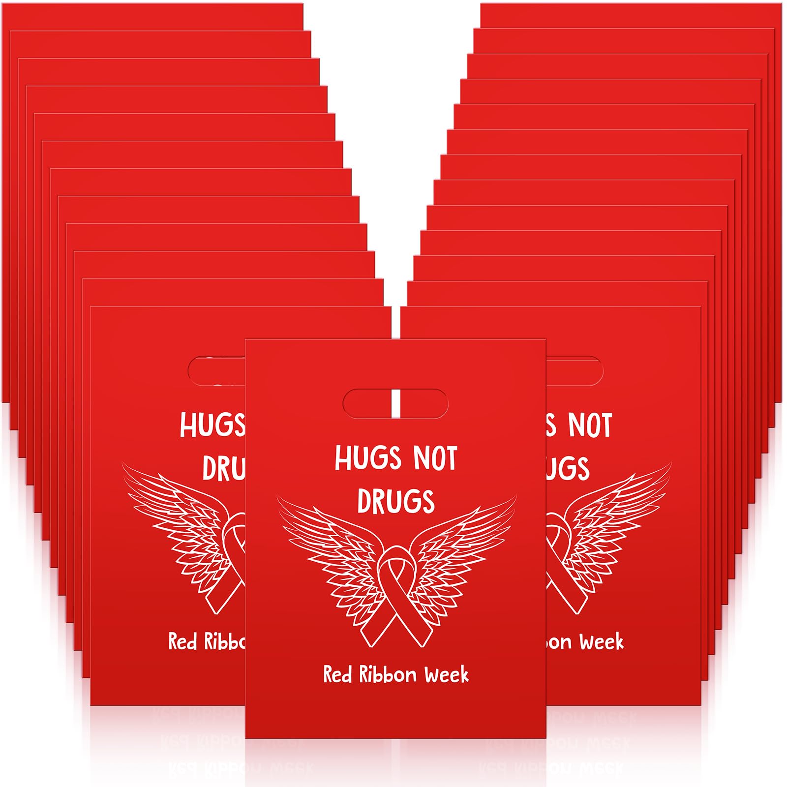 Watersay 200 Pcs Red Ribbon Week Party Supplies Bulk Bags 9 x 12 Red Ribbon Plastic Goodie Bags Favor with Handles Drug Free Gift Bags Anti Drugs Treat Bags for Red Ribbon Awareness Publicity Event