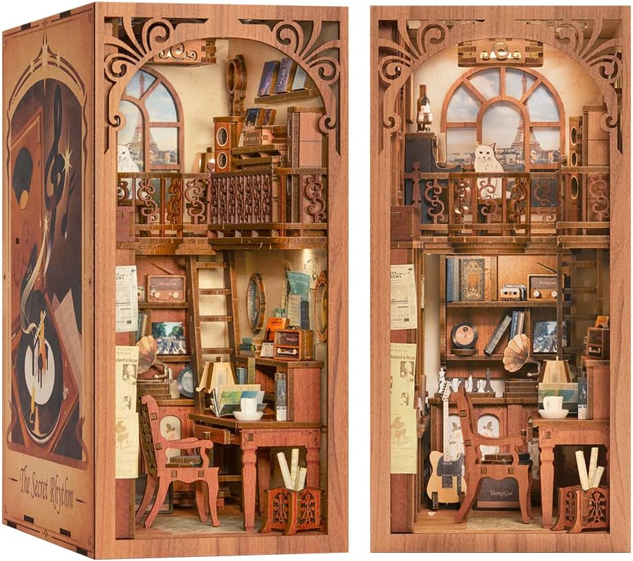Fsolis DIY Book Nook Kit, 3D Wooden Puzzle Bookend DIY Miniature Dollhouse Kit