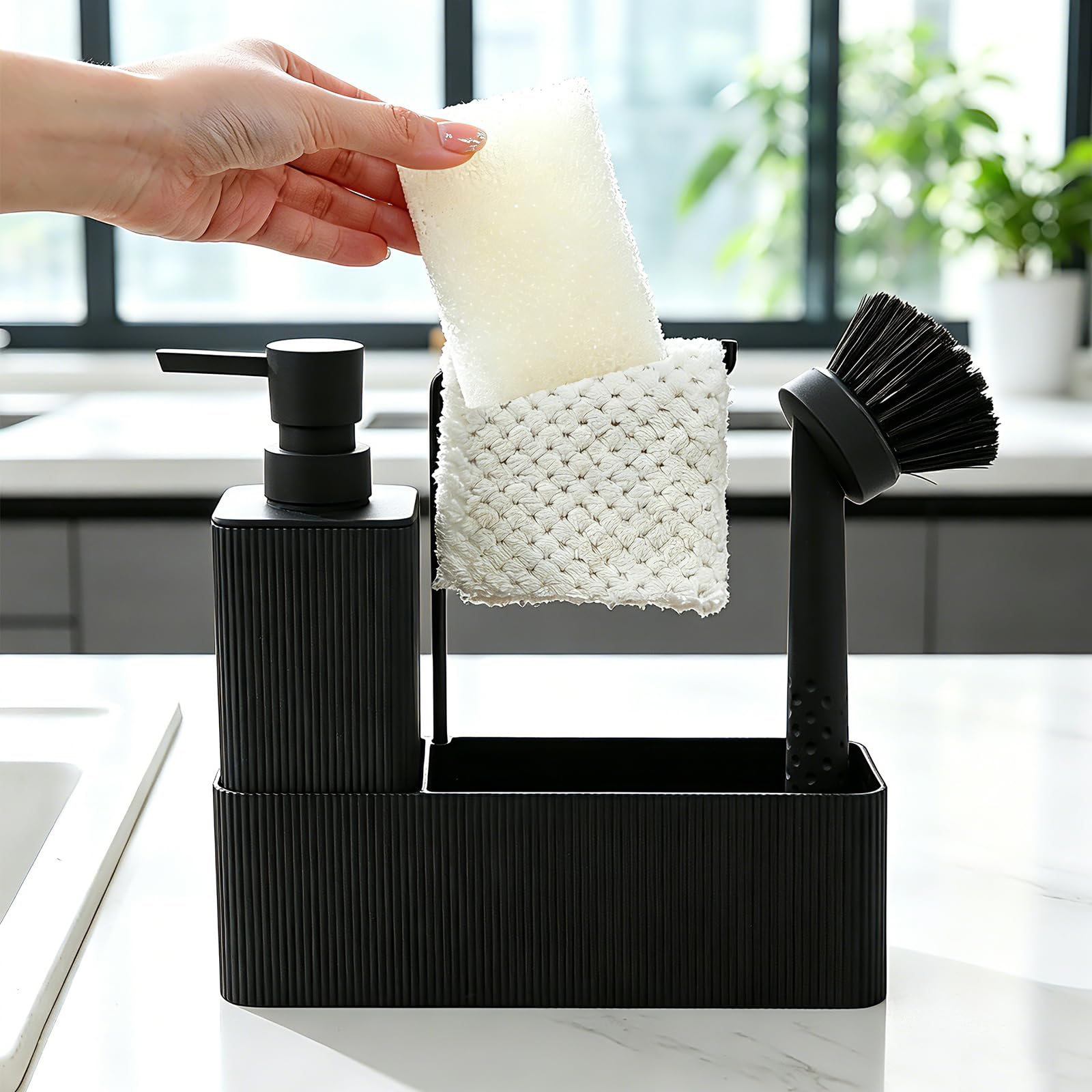 Dispenser Sapone Cucina con Porta Spugna e Spazzola, Dispenser Detersivo Piatti Nero, 4 in 1 Organizer Lavello Cucina (Nero)