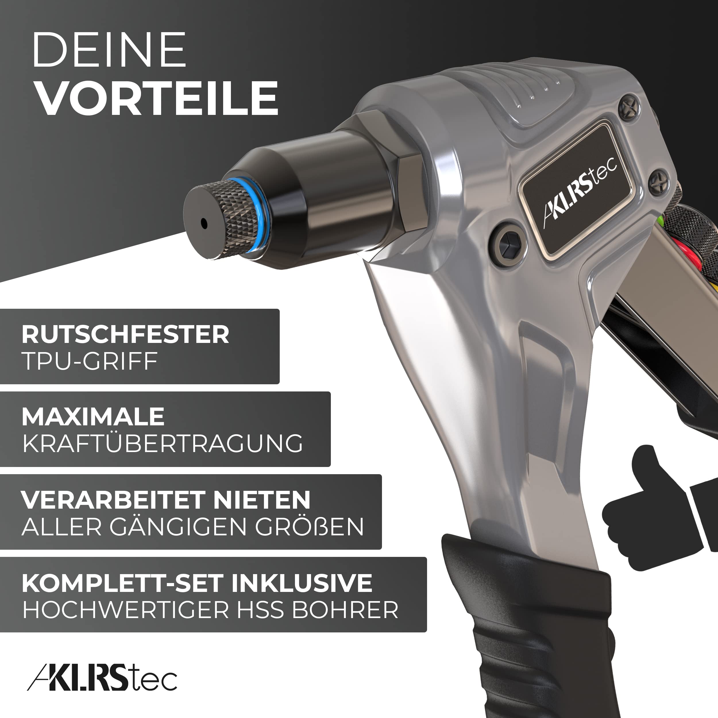 KLRStec® Professional Nietenzangen Set inkl. 120 Nieten und 4 HSS Bohrern – Hochwertige Popnietenzange zum verarbeiten von Blindnieten