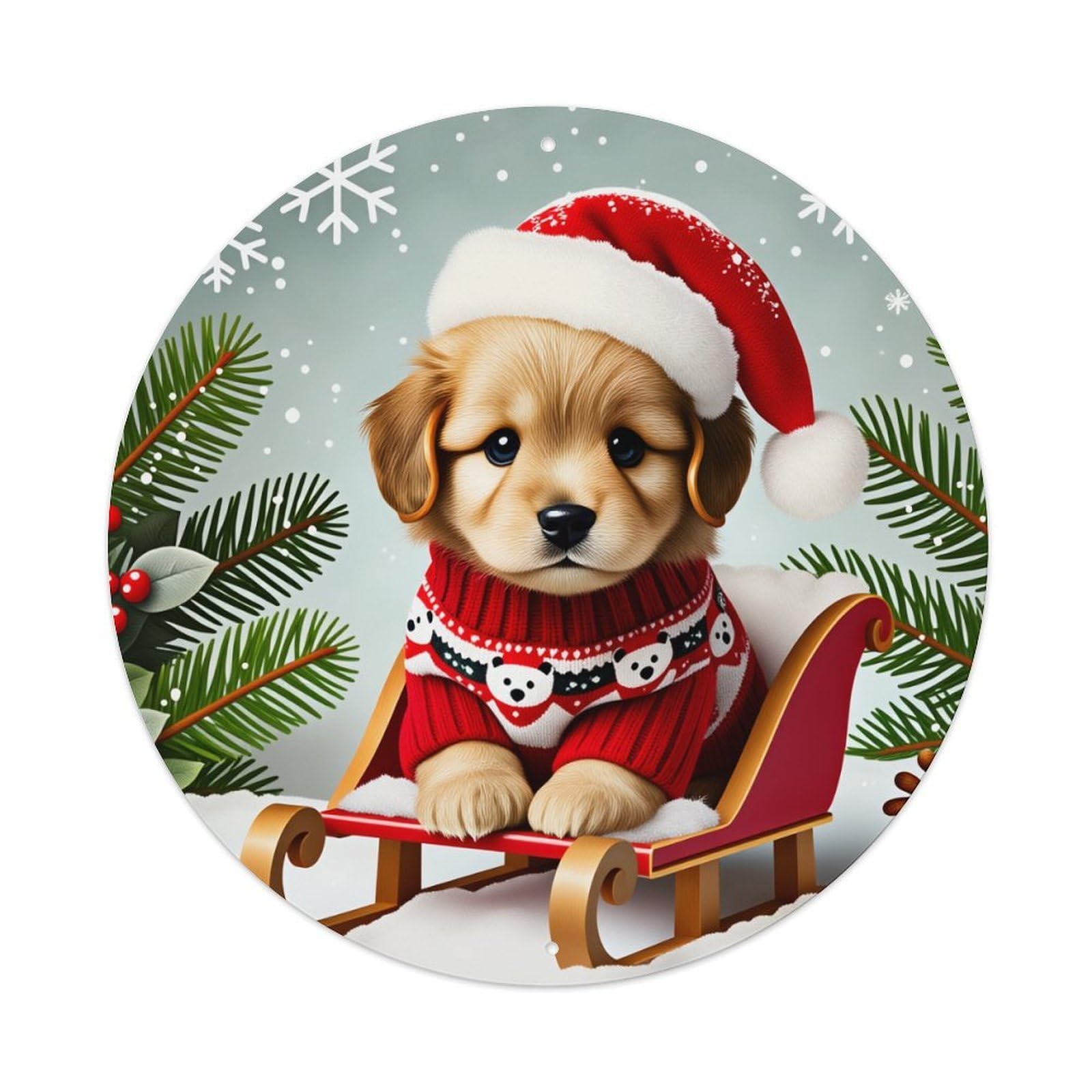 Christmas Puppy Sleigh Snowflake Pine Metal Tin Sign Vintage Garden Bedroom Cafe Bar Man Cave Home Wall Decor Metal Poster 8x8 inches