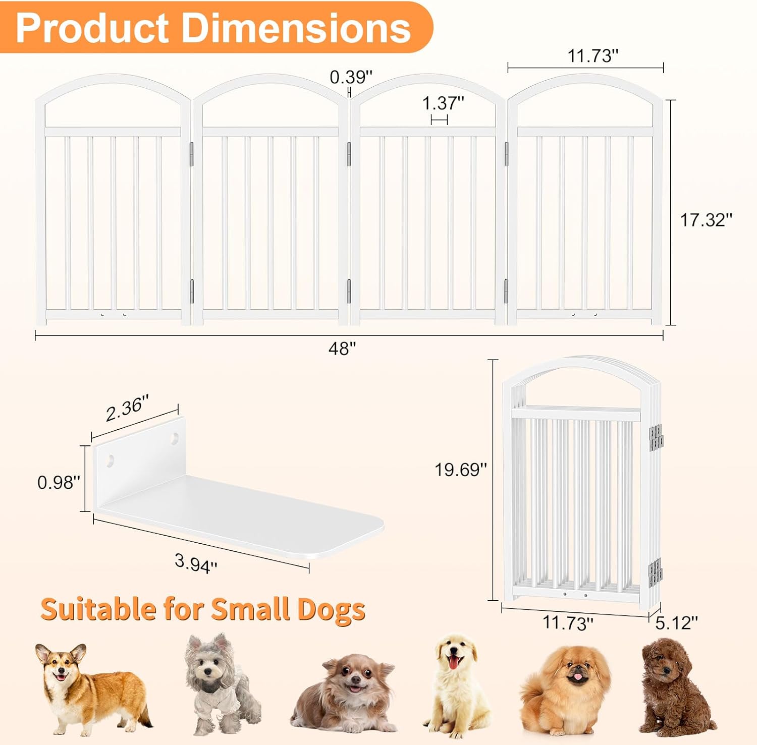 Snughome Short Dog Gate Indoor, 19.69" H Freestanding Small Dog Door Gates with Support Feet, Expands Up to 48" Wide Foldable Pet Gates for Doorway, 4 Panel Folding Pet Door Pet Fence for Puppy, White