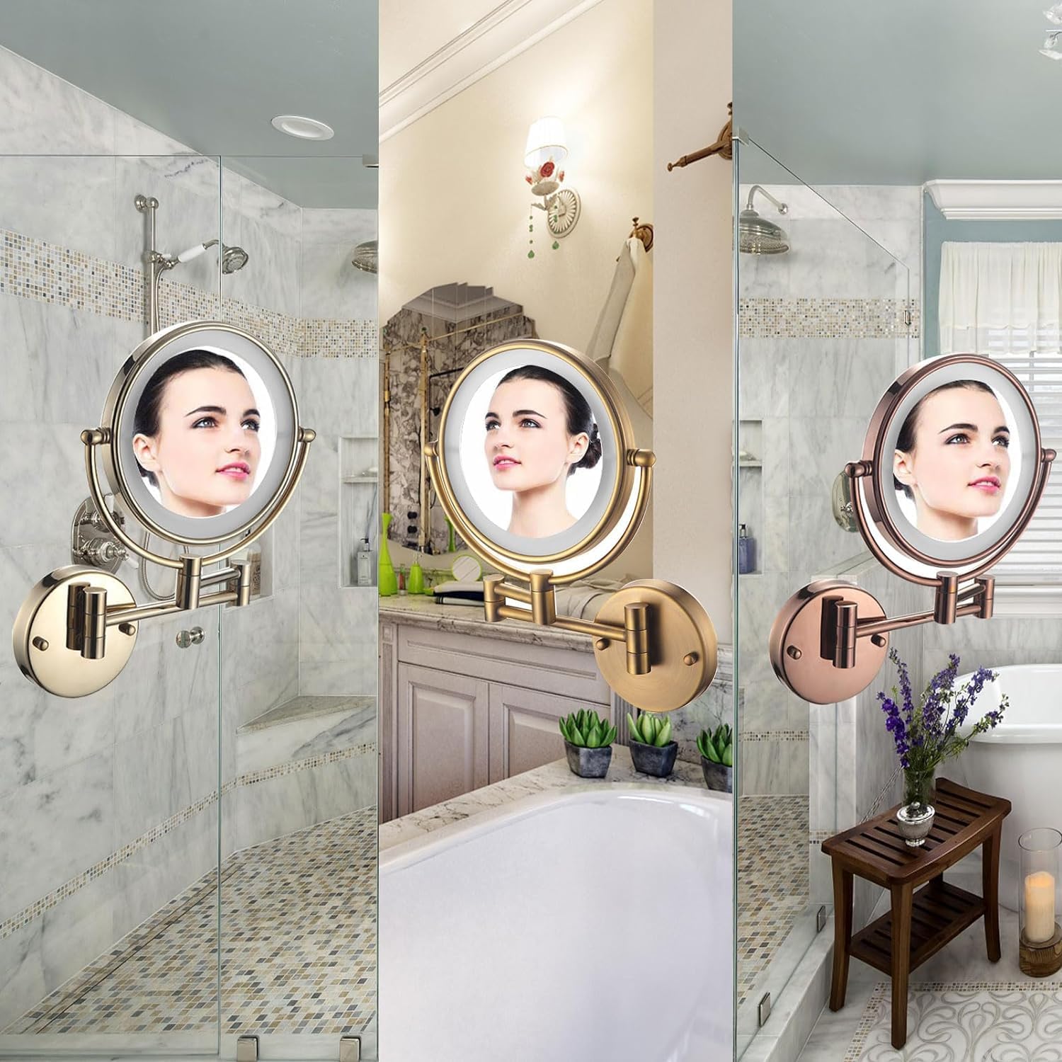 Espejo de Maquillaje Iluminado montado en la Pared Recargable con Aumento 10X, Brillo y Altura Ajustables, rotación de 360°, Espejo de Aumento con luz para Mujeres Carga USB,7X,Bronze