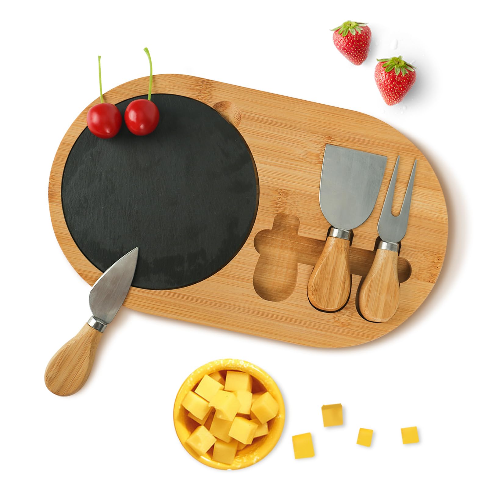 Käsebrett Holz Käseplatten Käsebretter Servierbrett Charcuterie Platte Cheese Board mit 3 Käsemesser, Schieferplatte für Weincracker, Brie und Fleisch, Bambusheber, Einzugsgeschenk