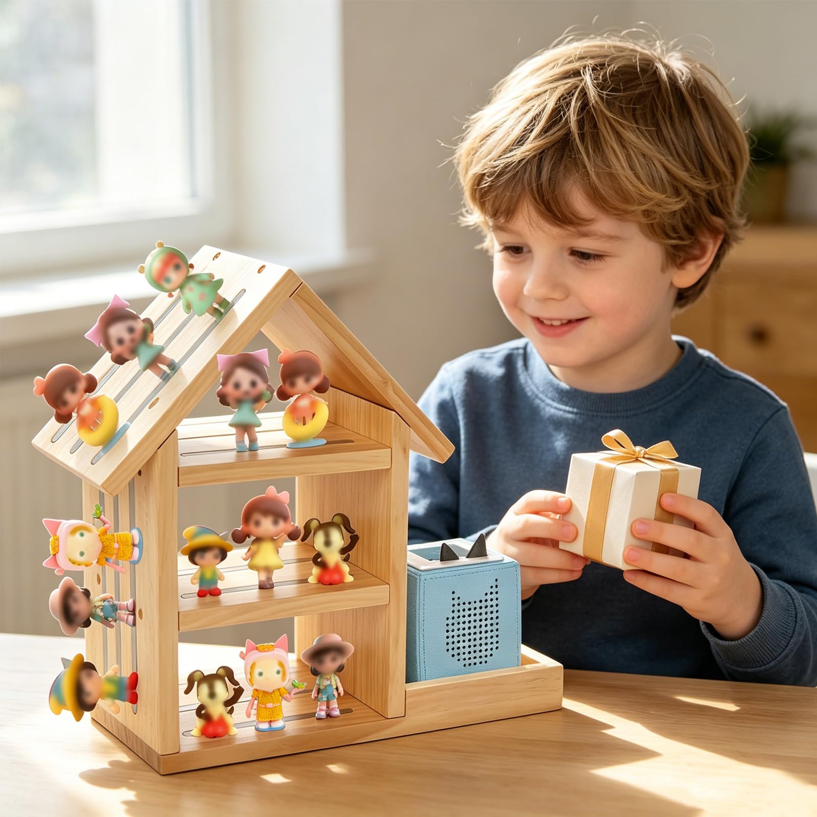 Étagère murale en forme de maison pour Tonie, étagère magnétique adaptée pour TonieBox 1 et TonieBox 2, étagère murale en bois de pin pour 50 à 70 figurines Tonies, étagère Tonie pour filles