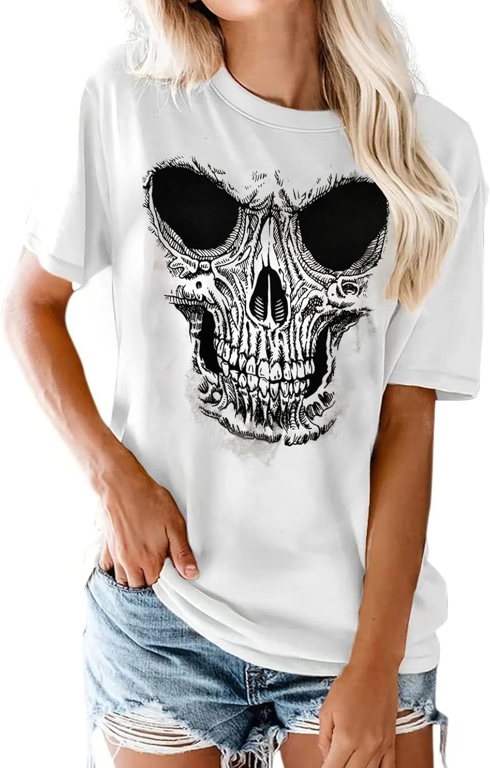 Skull Shirt for Women Vintage Skeleton Graphic Tees Goth Punk Rock T Shirts Novelty Horror Halloween Tee Tops - Image 4