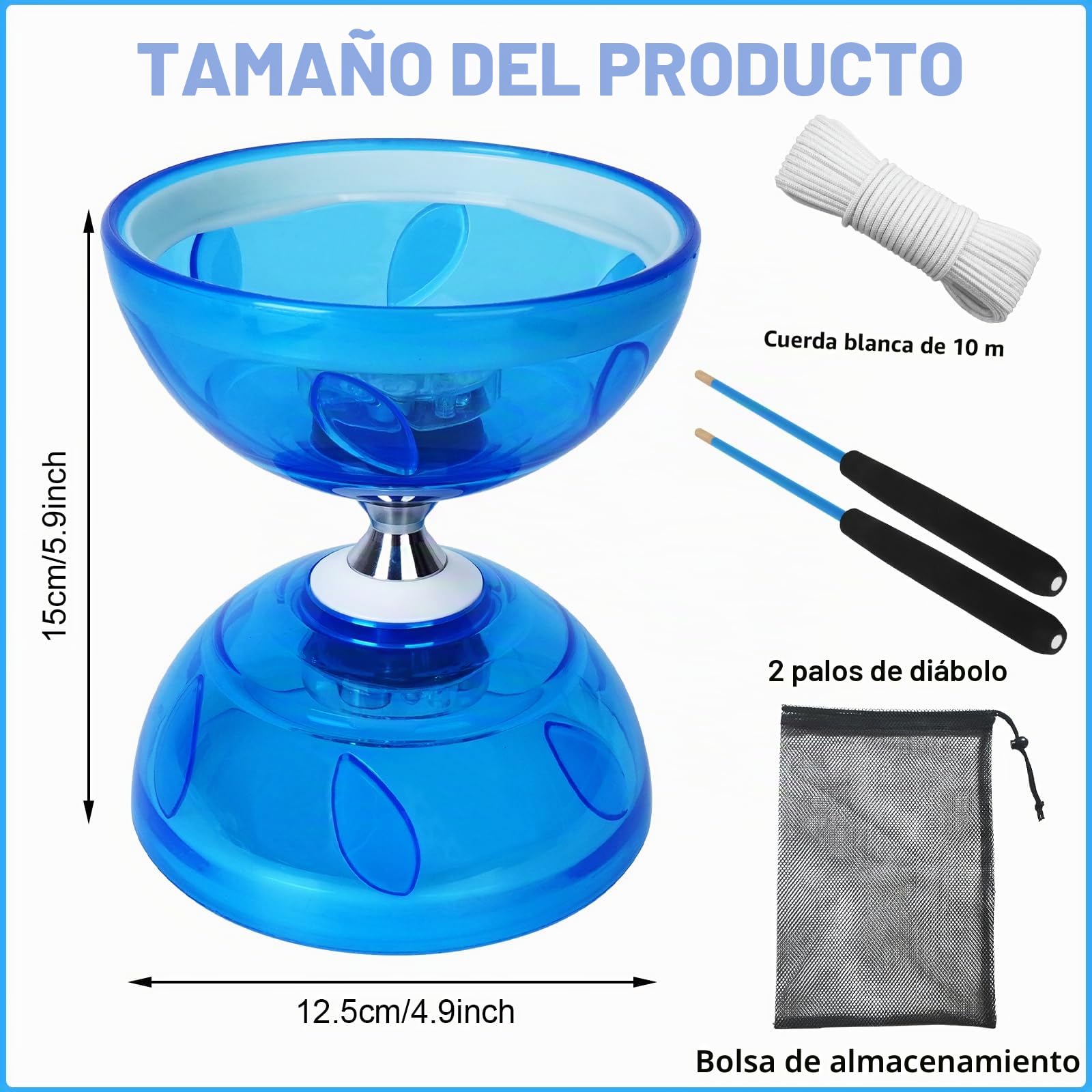 Juego de Malabares LED Diabolo, 4,5 mm Diábolo LED con Rodamiento de Bolas Diábolo Juego de Malabares para Principiantes Profesionales con 2 Bastones, 10M Cuerda de Repuesto, Bolsa de Guardado