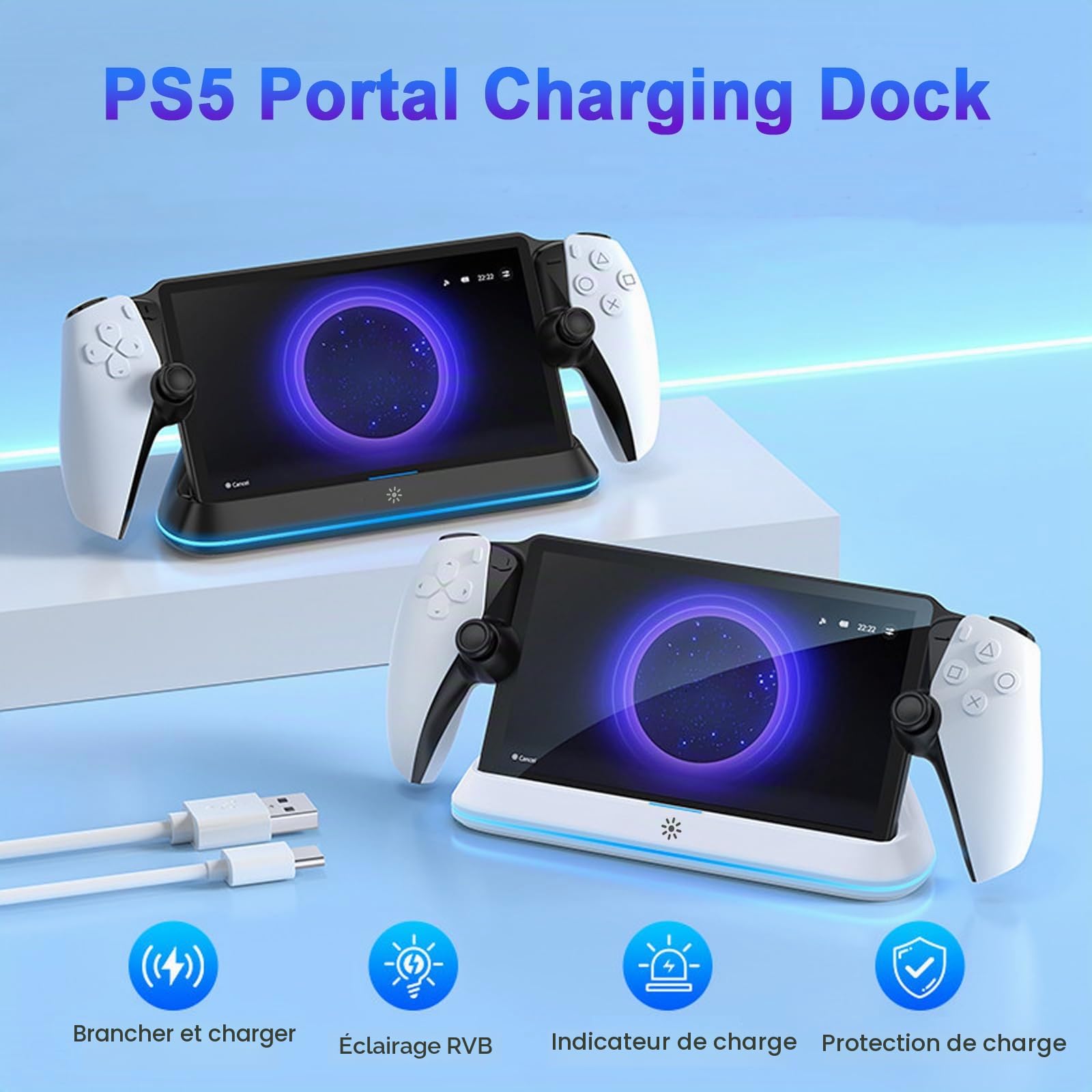 Station de Chargement pour PlayStation Portal, Support de Charge Portable avec Lumières RVB, Support de Chargement pour PS5 Portal Accessoires（Noir）