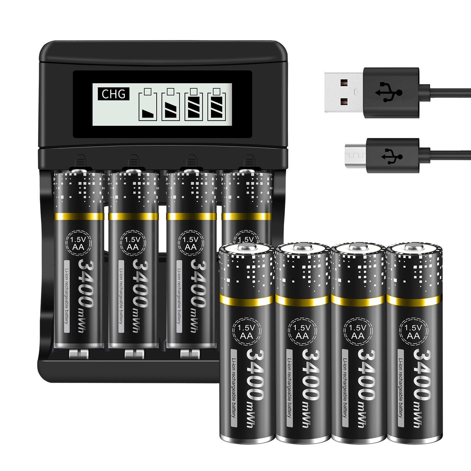 Lot de 8 piles AA 3400 mAh avec chargeur – 1,5 V/lithium AA rechargeables avec affichage LCD Chargeur rapide 4 emplacements pour piles Li-ion Mignon AA, Micro AAA
