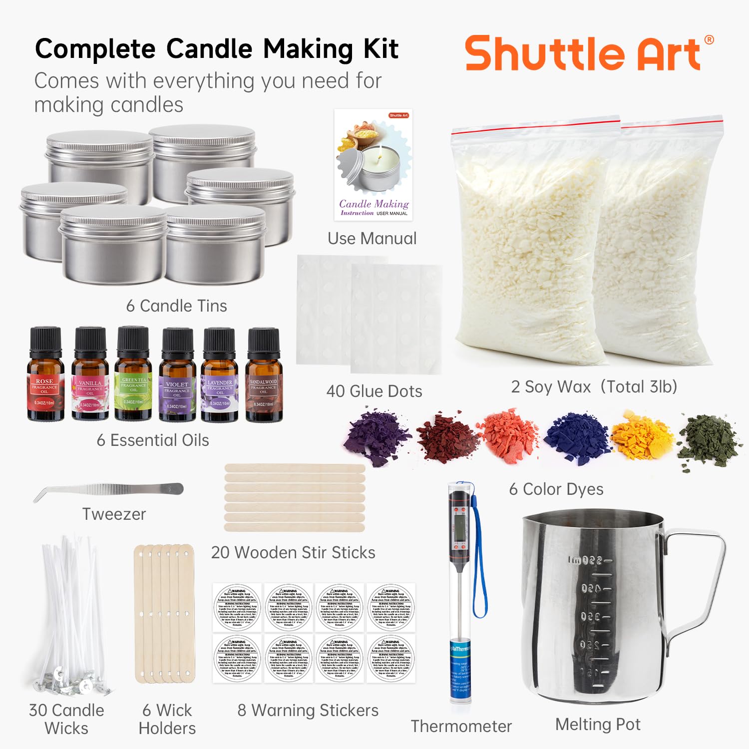 Shuttle Art DIY kit Candele fai da te fornitura con barattoli di candele, cera di soia, candelline, tinture a colori