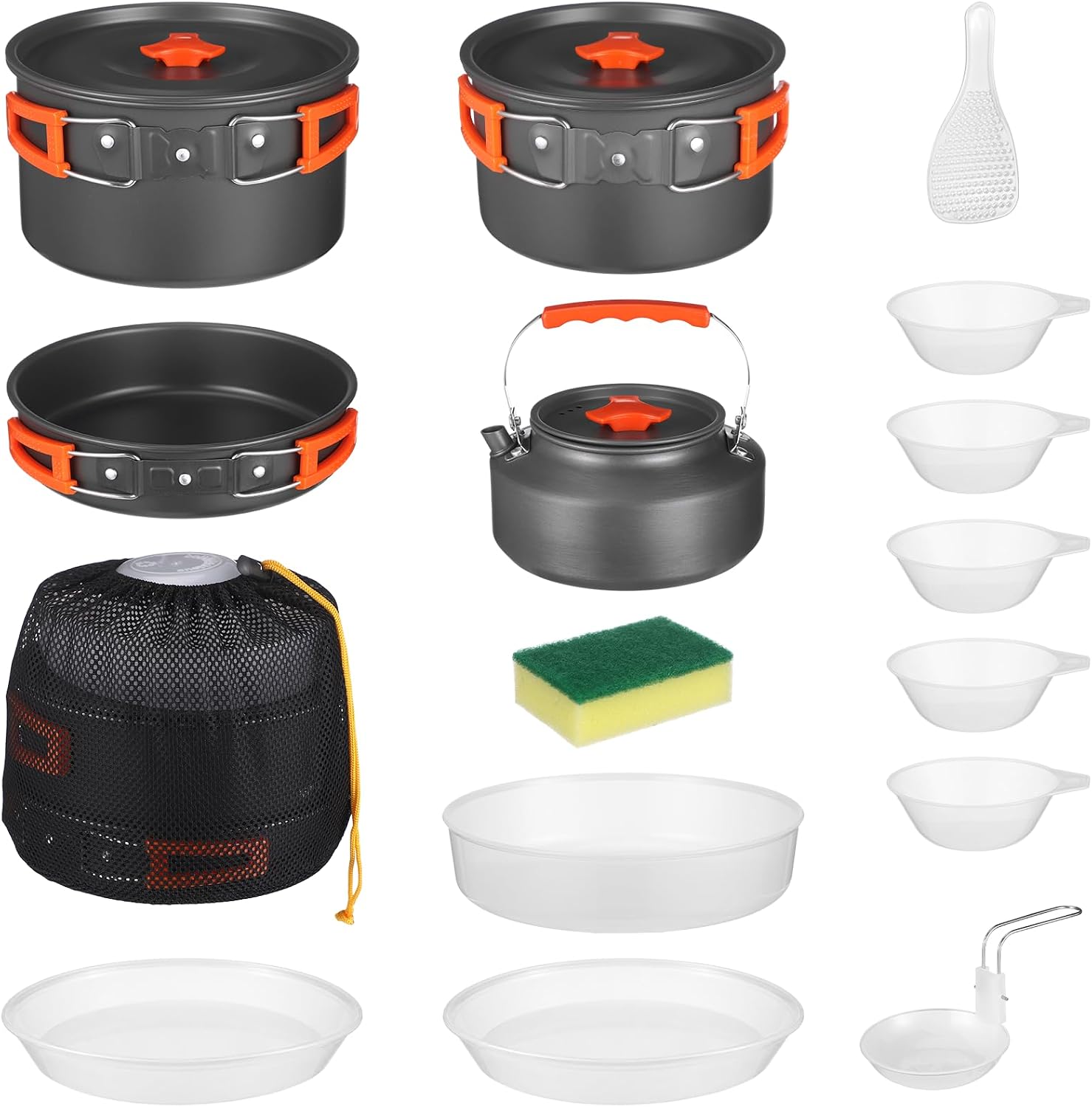 16 Pcs Camping Cooking Set, Fits 4-6 Person, Includes Kettle, Pots & Pans|Hard-Anodized Aluminum, Non-Stick Coating, Foldable Anti-Scald Handles, Stackable Space-Saving Design, Cookware Mess Kit