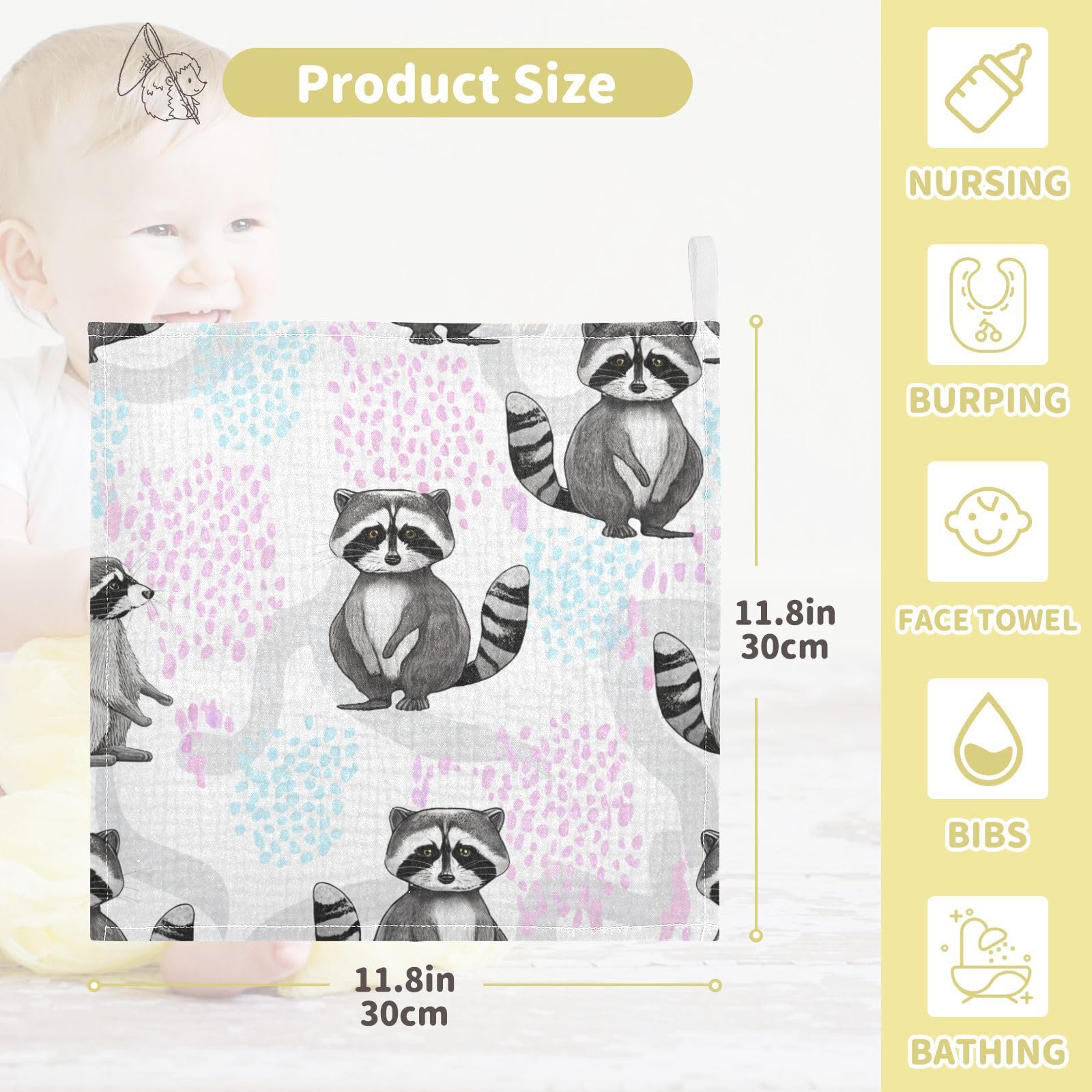 Kigai Cartoon Raccoon Baby Washcloths,3pcs Ultra Soft Absorbent Towel,Newborn Bath Face Towel, Natural Reusable Baby Wipes for Sensitive Skin, Baby Registry as Shower