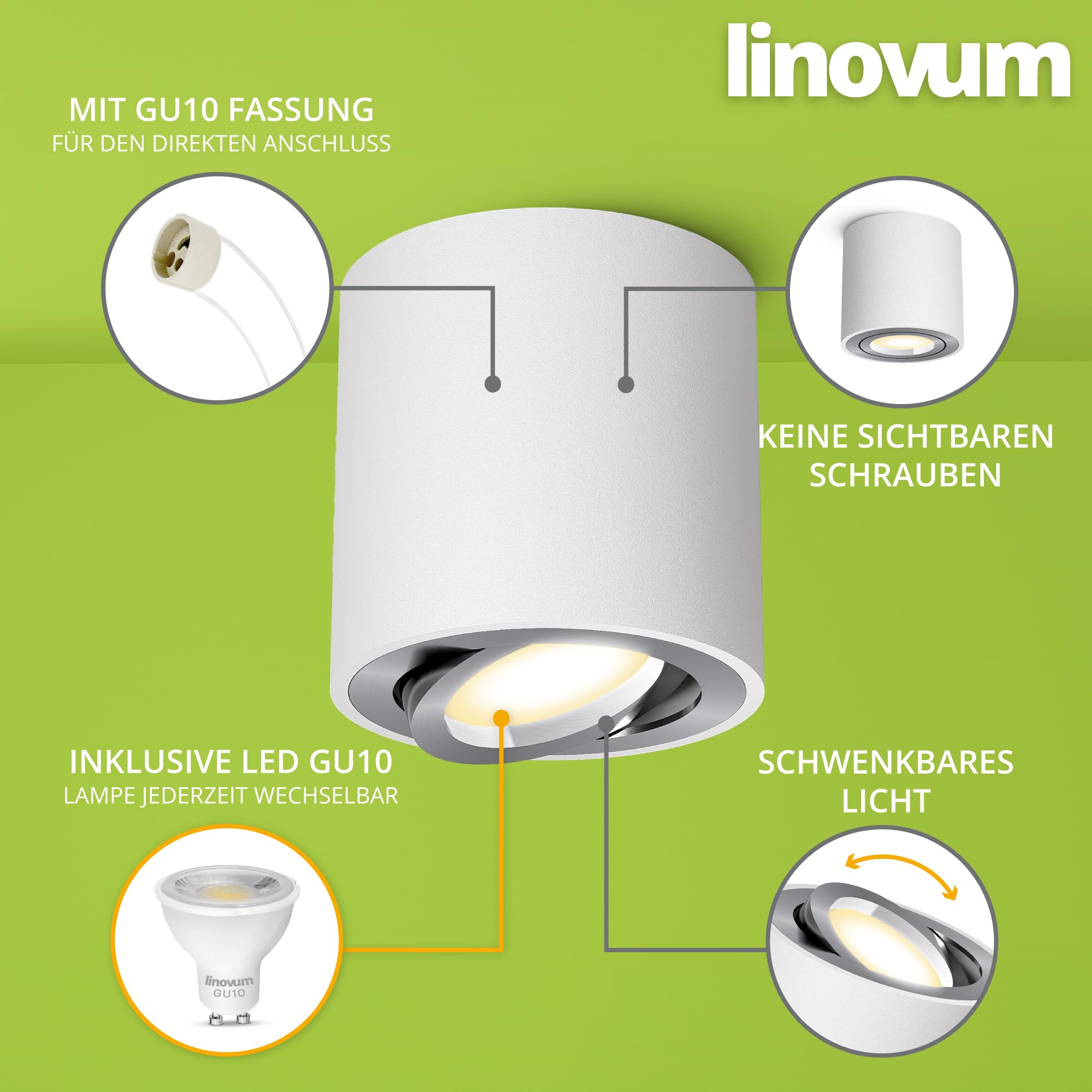 linovum CORI Aufbauspot dimmbar weiß silber - mit LED GU10 Lampe warm, neutral, kalt 6W 230V - Aufbau Strahler schwenkbar rund Ø80x84mm