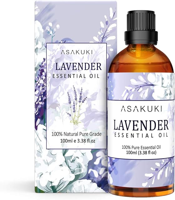 ASAKUKI Lavender Essential Oils 100mL, Lavender Oil 100% Natural Pure Therapeutic Grade, Aromatherapy Oil Lavender for Sleep, Skin Care, Hair Care & Bath, Ideal for Humidifier, Diffuser & Wellness