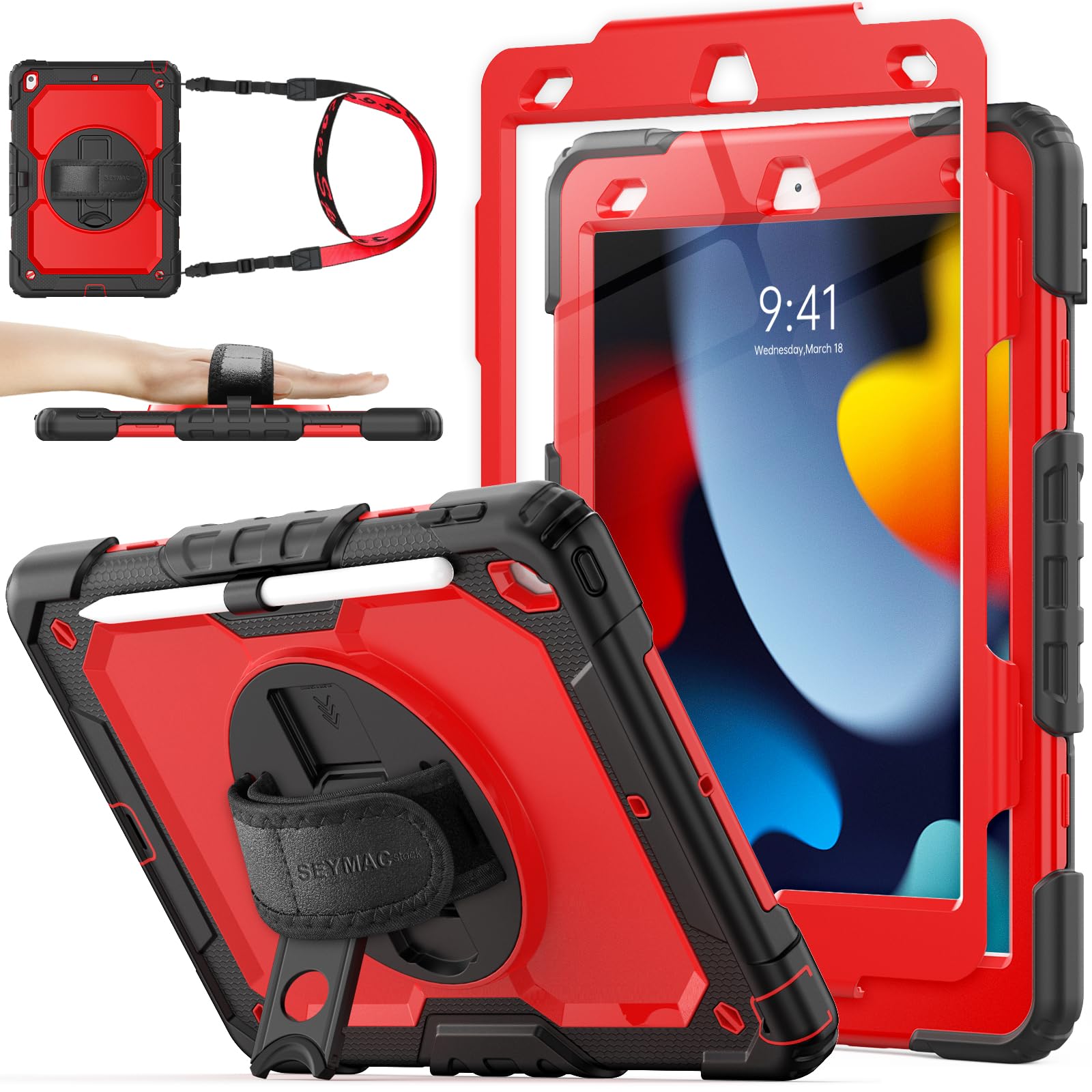 SEYMAC stock Case for iPad 9th/ 8th/ 7th Generation 10.2'', Shockproof with Screen Protector, Pencil Holder [360° Rotating Hand Strap] & Stand, for iPad 10.2 inch 2021-2019 (Black) — Amazon image 20