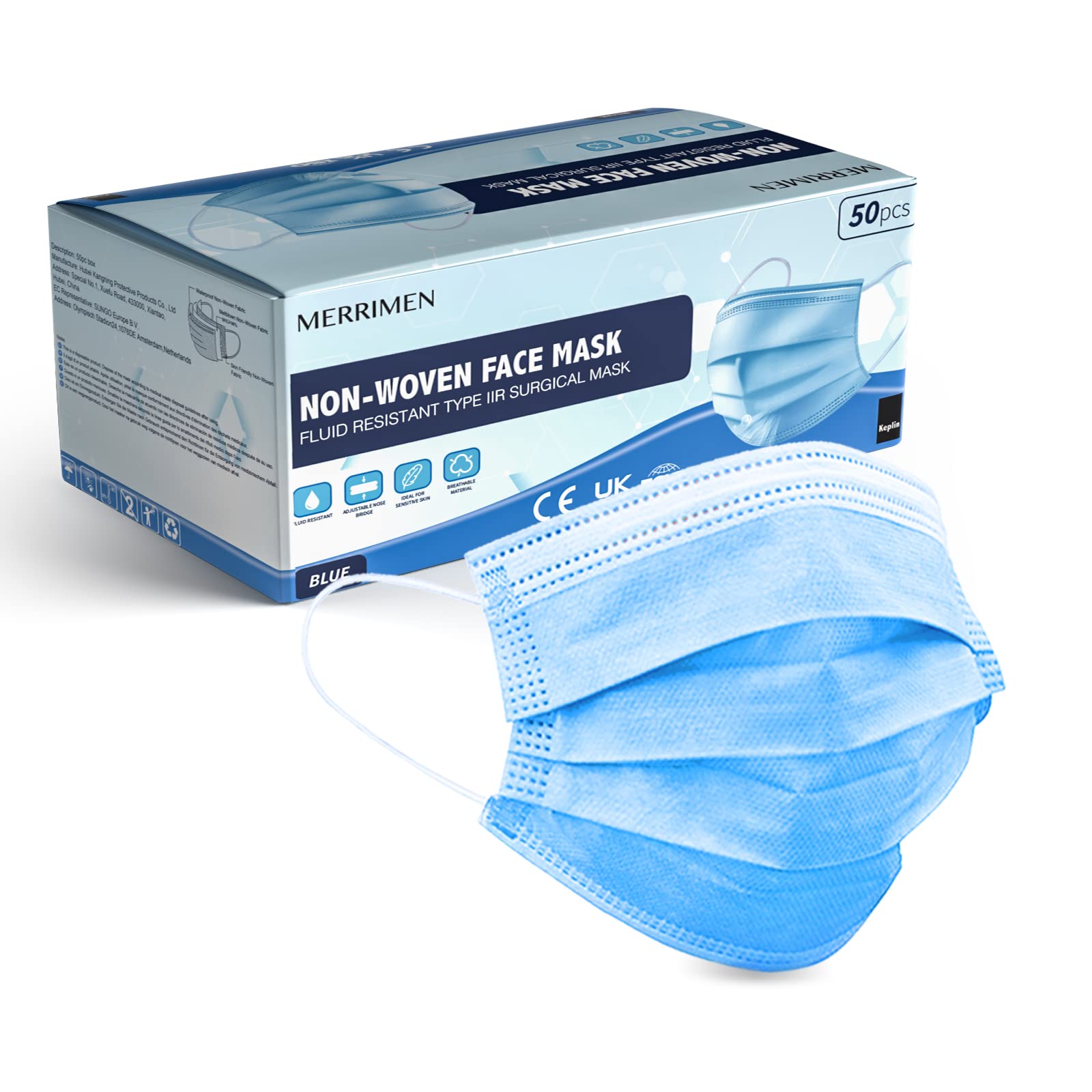 Merrimen 50pk - 3ply Surgical Type IIR Face Masks - Medical Fluid Protection, 98% BFE, EN14683:2019, Verified and Tested (...