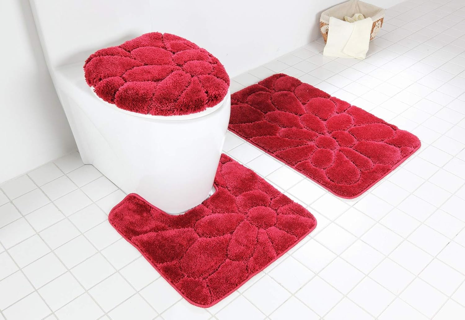 Daniel's Bath & Byound 3PC Sunflower Burgundy BATHMAT Set, Bath Rug 20'' W x 31'' L Toilet Seat Cover 17'' W x 18'' L Bath Contour: 20" x 21"