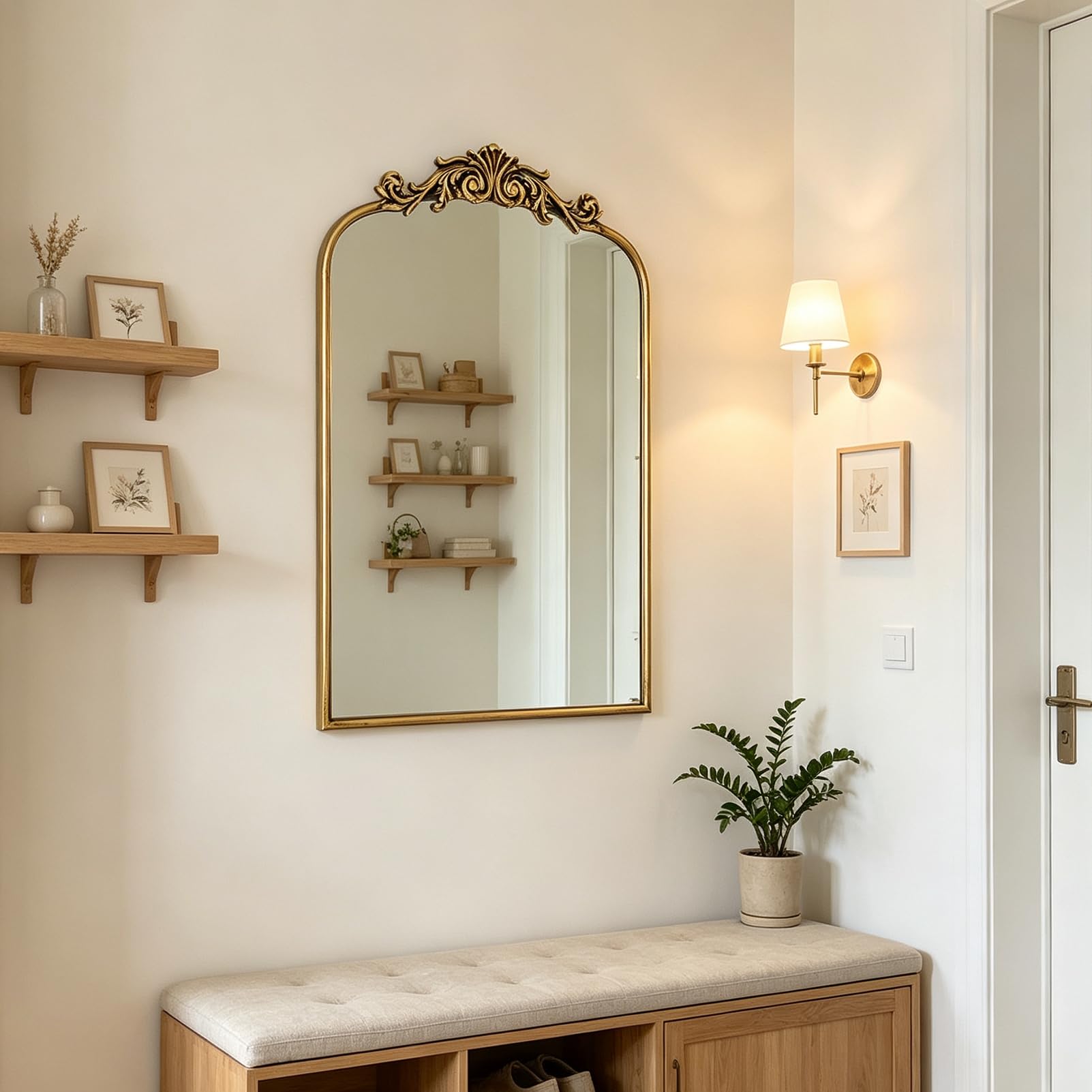 Lustro w stylu vintage, złote, łukowe, antyczne, barokowe lustro na ścianę, do salonu, łazienki, kominka, przedpokoju, mosiężna, tradycyjna, ozdobna dekoracja ścienna (złote, 40 x 61 cm)