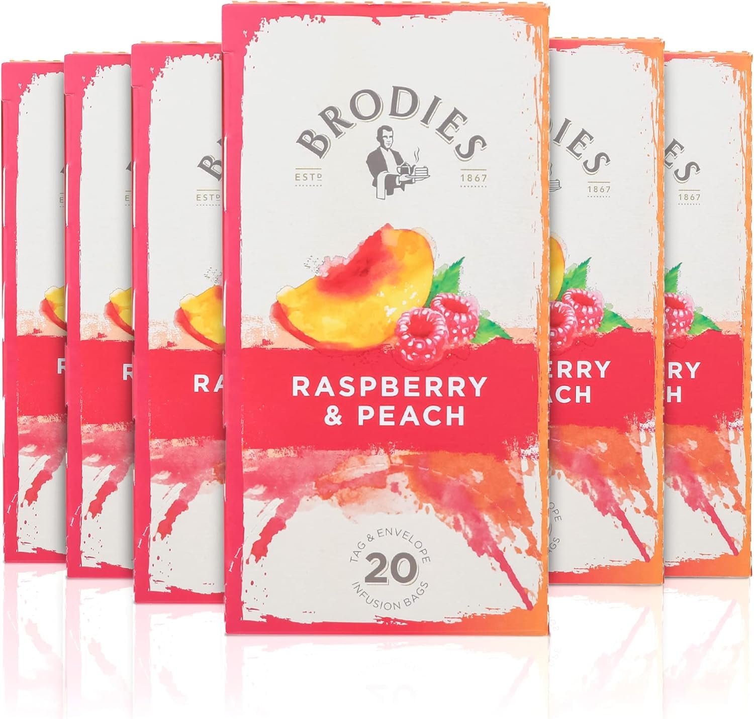 Brodies Raspberry & Peach Flavor Tag & Envelope - 6 Tea Boxes of 20 Tea Bags (120 Tea Bags in total) - Beautiful fusion of taste and colour. Caffeine Free