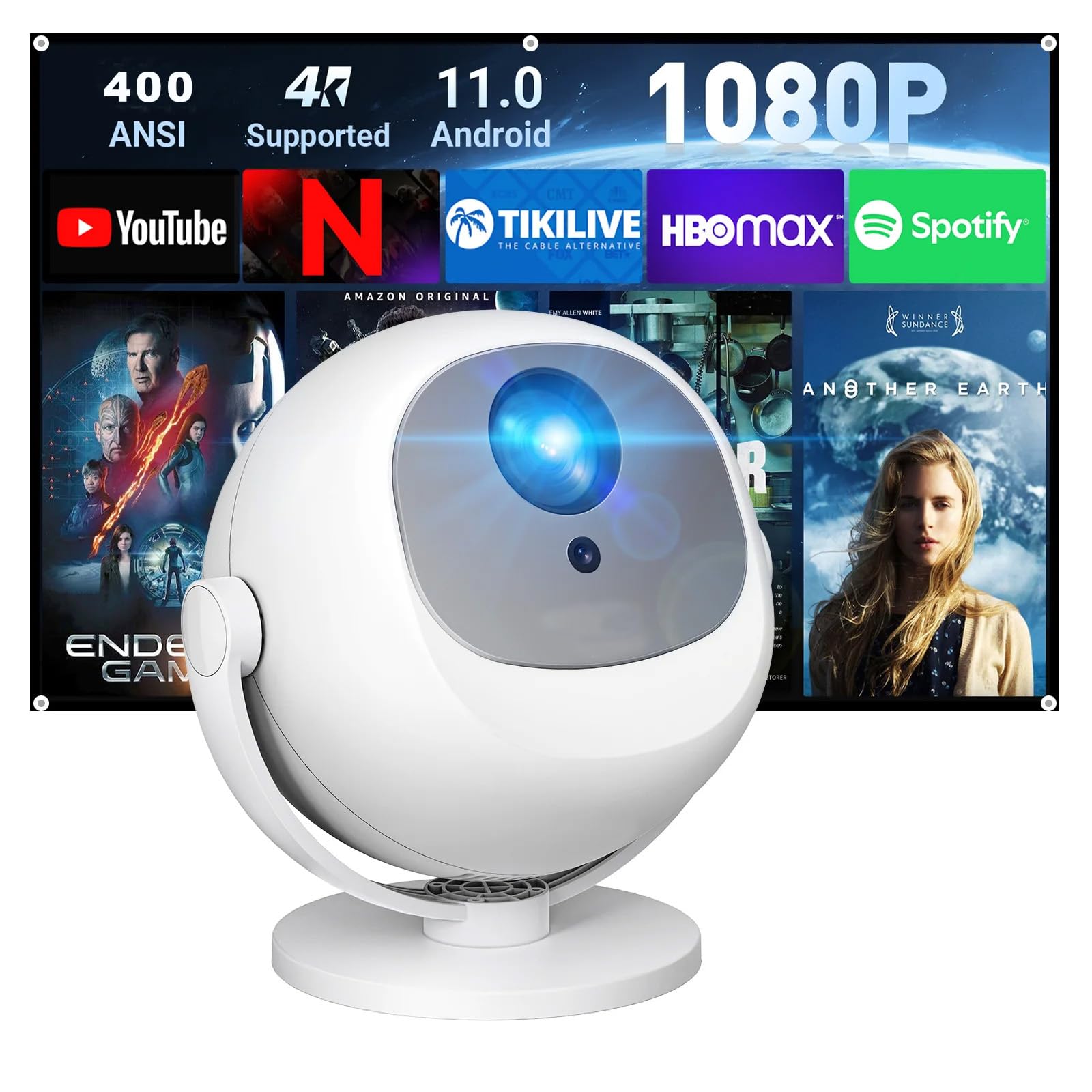 [App integrata e messa a fuoco automatica] Proiettore intelligente, mini proiettore portatile con supporto 4K con rotazione a 360°, 12000 lumen, WiFi e Bluetooth, display LCD, proiettore a soffitto