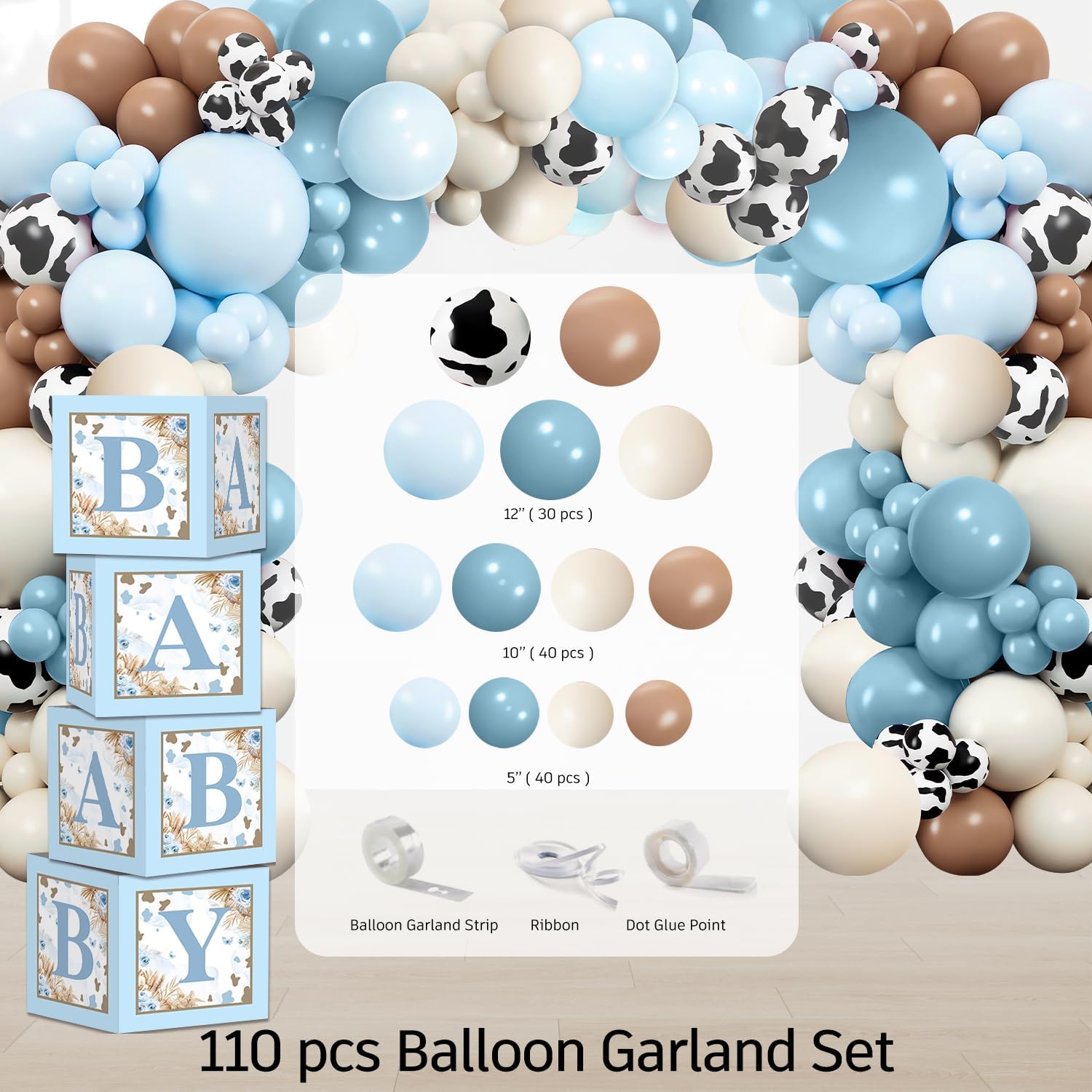 Cocomigo 241pcs Highland Cow Baby Shower Decorations for Boy, One-stop Package Includes 40 Plates 2 Tablecloths 1 Sash and 1 Pin, Complete Balloon Arch Tableware Set for Baby Shower