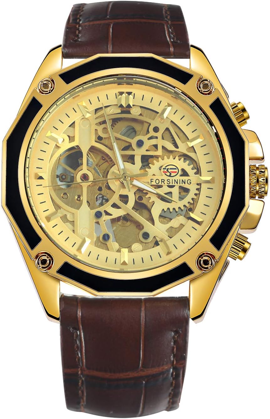 Caluxe Men Skeleton Wristwatch Genuine Leather Band Hand Winding Mechanical Watches