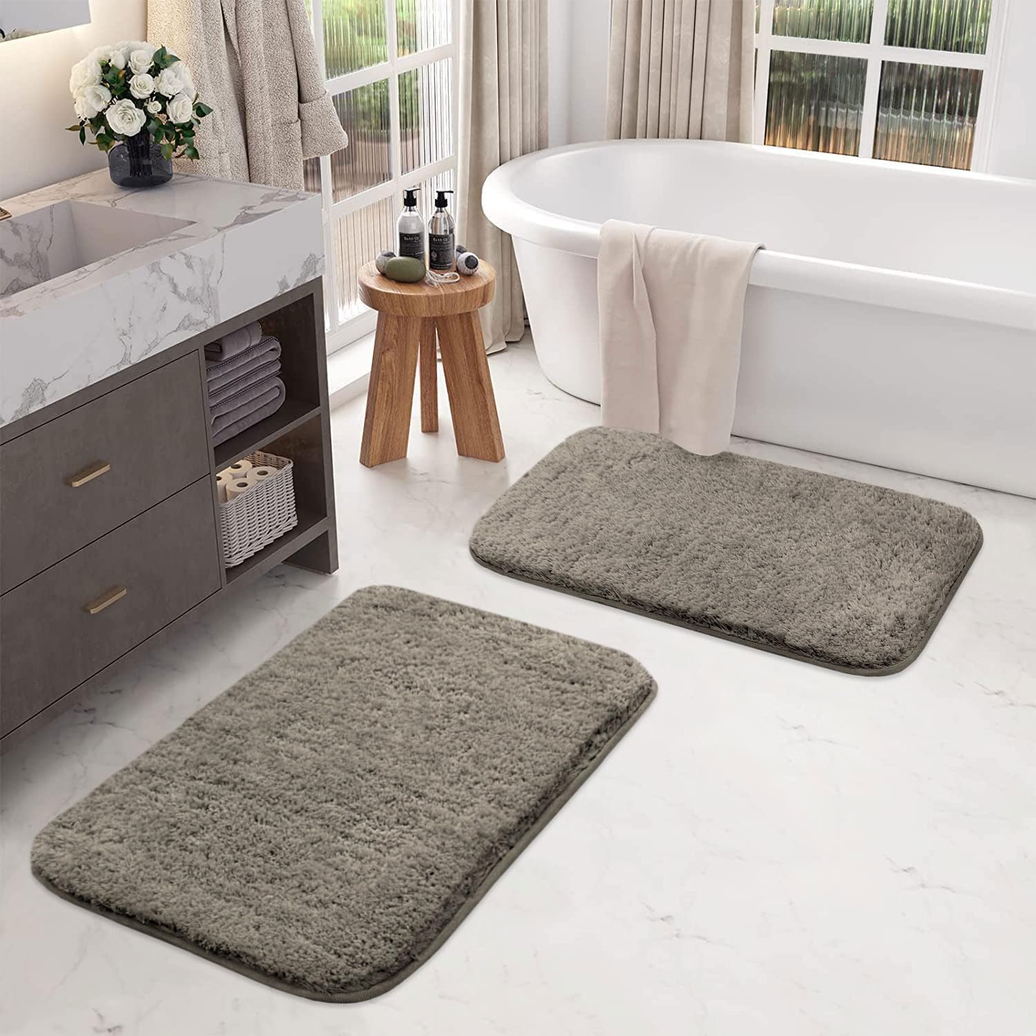 LUXE HOME INTERNATIONAL Microfiber Rectangular Home Bath Mat Super Soft Non Slip Vegas Mats for Bathroom, Kitchen, Bedroom, and Door (40X60 Cm, Taupe) Pack of 2