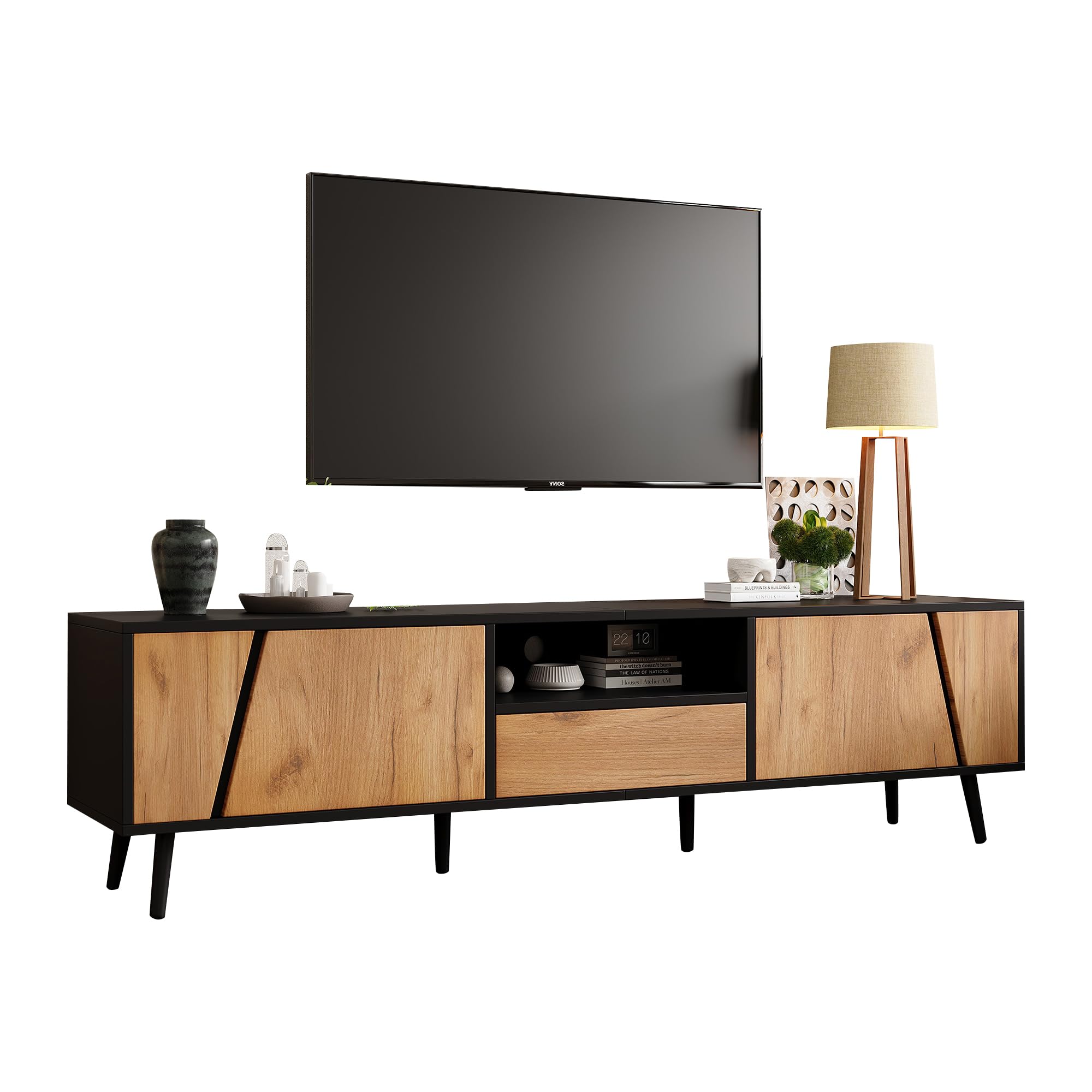 BTM 180 cm Lowboard Lowboard Board, TV-Schrank mit Schubladen und 2 Schränken, Moderne minimalistische Konsole mit 6 Stützbeinen aus Massivholz, Passend für 75-Zoll-Wohnzimmerschränke