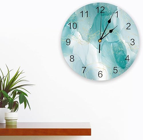 Miniatura 3 de Reloj de pared de mármol turquesa, funciona con pilas, de PVC, silencioso, sin tictac, de 12 pulgadas, color verde azulado, abstracto, moderno,