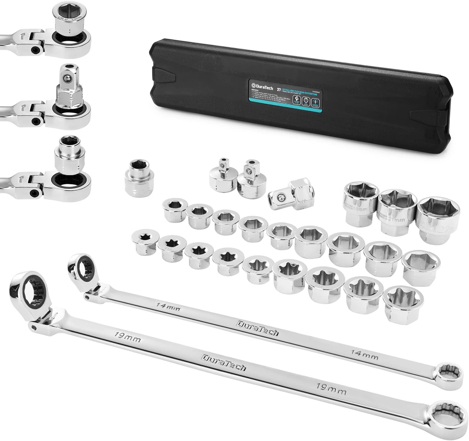 27PCS Extra Long Flex Head Ratcheting Wrench Set, 8-22mm, Double Box End Ratchet Wrench Set with E-type 8-22mm Replacement Heads, 10x19mm, 1/4", 3/8", 1/2" Socket Adapters