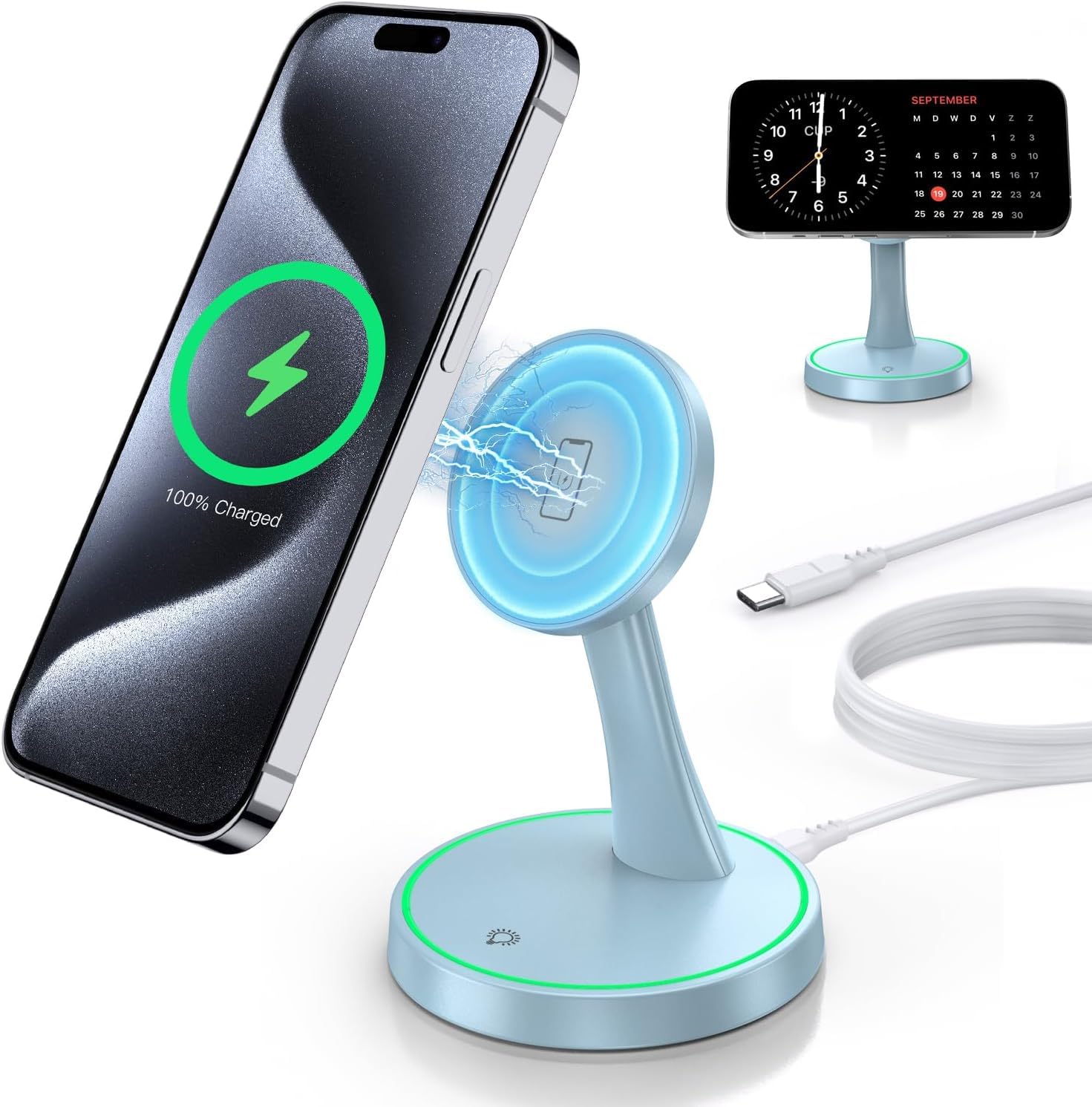 Induktive Ladestation Kompatibel mit MagSafe Ladegerät,OANDYS 2 in 1 15W Schnelles iPhone Ladestation für iPhone 17/16/15/14/13/12Serie und für AirPods,Wireless Charger mit schlaffreundlichem Licht
