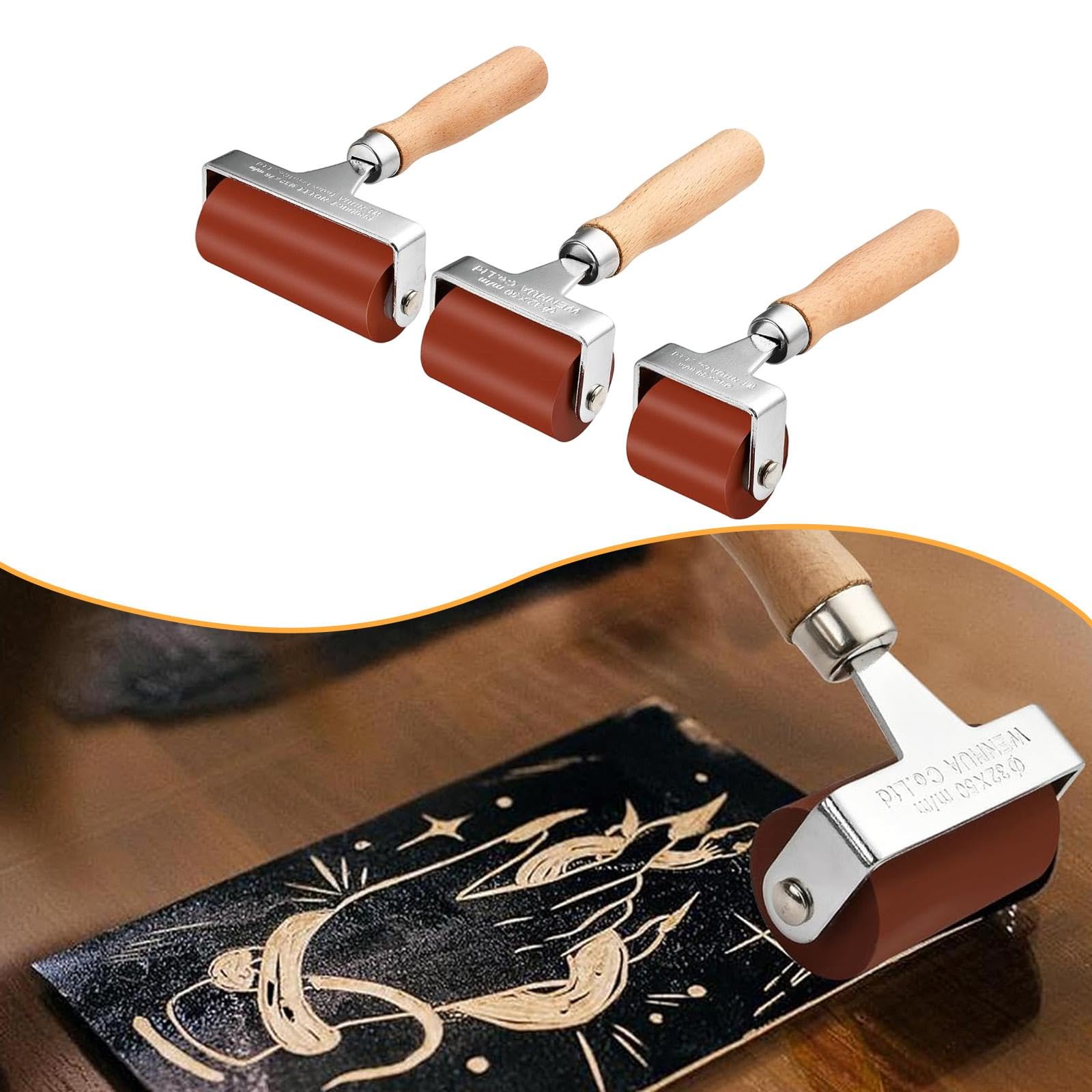 3 Pezzi Brayer Roller Strumento Olio Pittura Applicatore Inchiostro Rullo Gomma Manico Legno Adatto per Stampa Artistica Scrapbooking Decorazione Casa