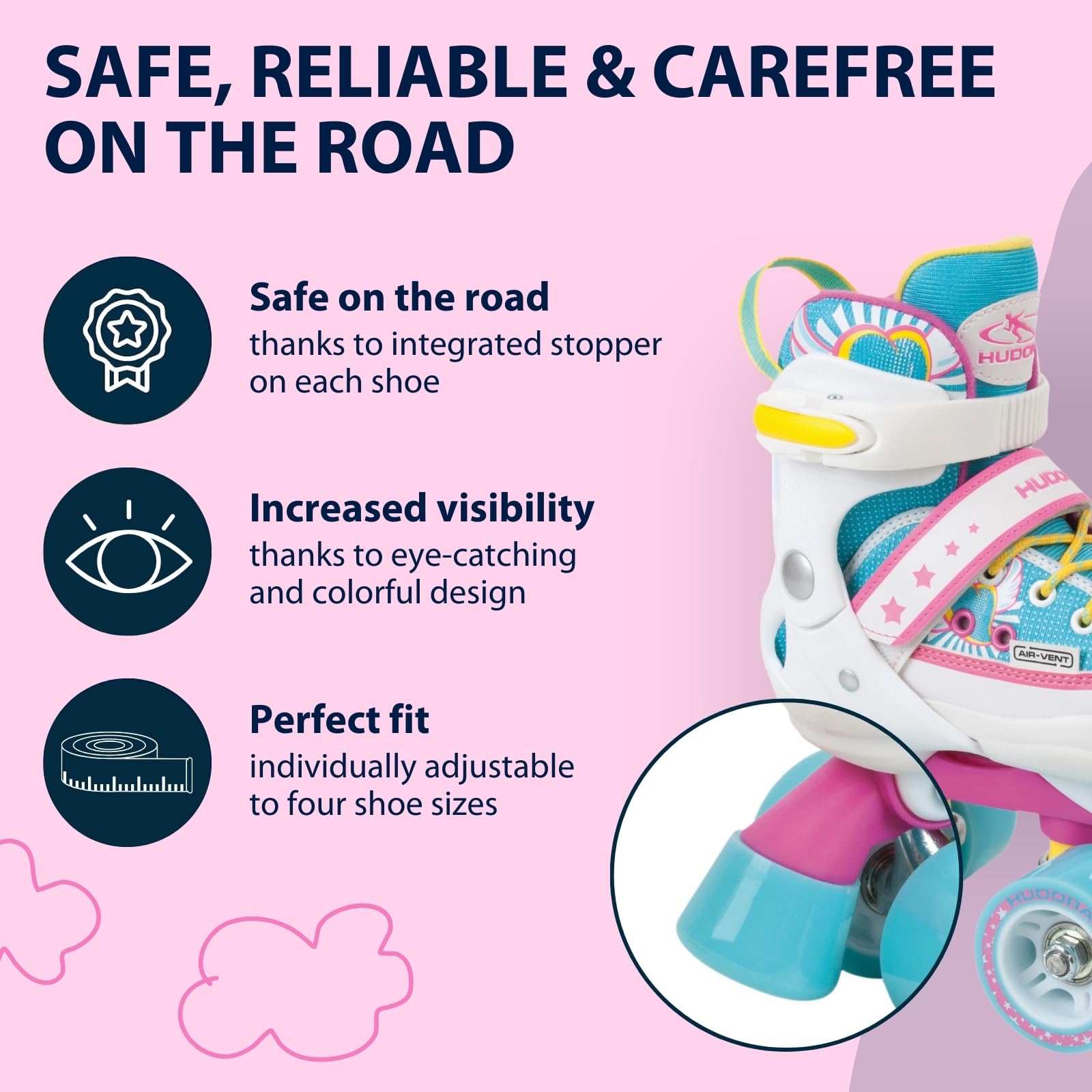 HUDORA Roller Skates Wonders w różnych rozmiarach – wygodne wrotki dziecięce z regulacją w 4 rozmiarach – stylowe wrotki dla dzieci do 60 kg – buty z wysokiej jakości nylonu