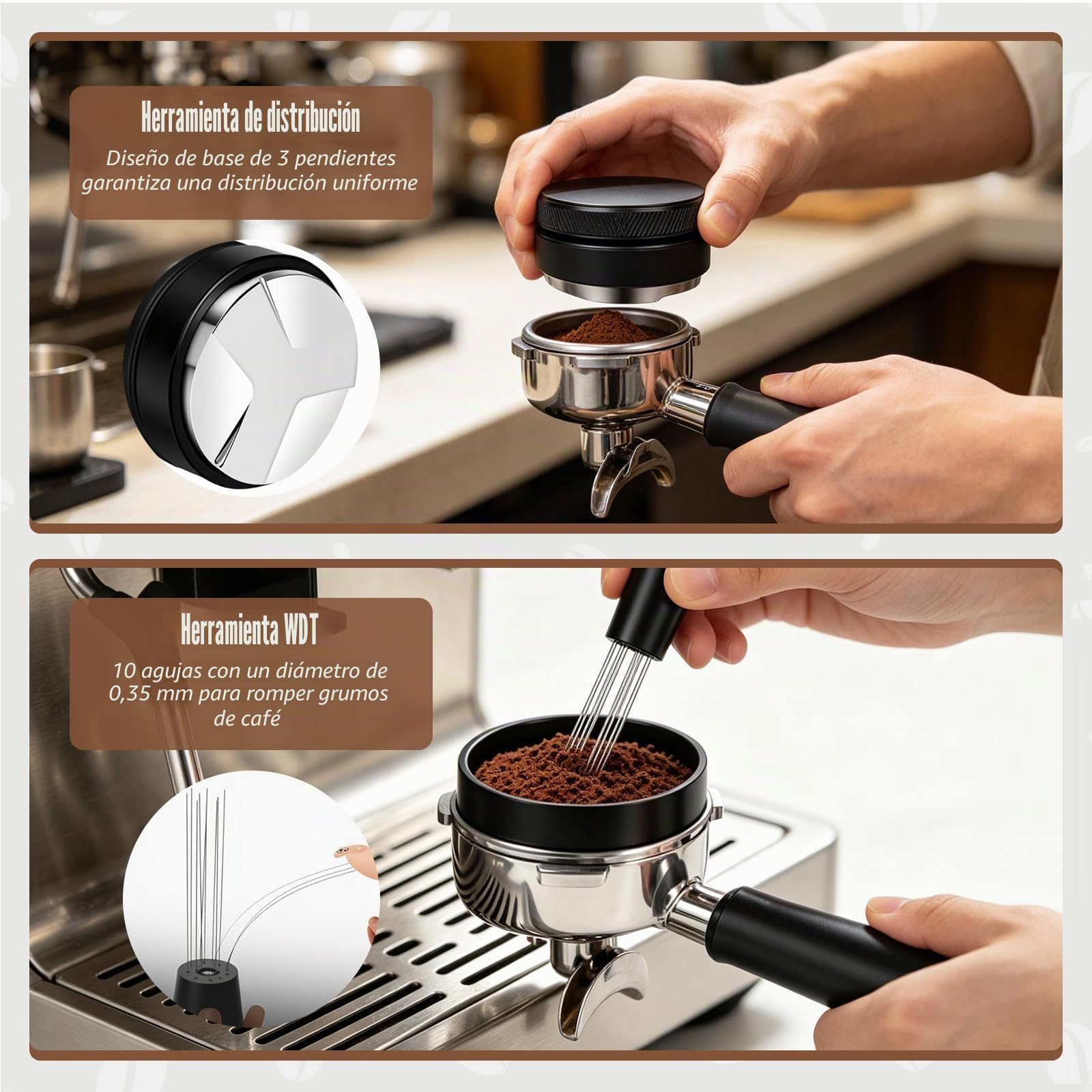 Set de Accesorios para Espresso de 8 Piezas, para Máquinas Espresso | Prensador 51mm con Estación de Prensado, Nivelador, Herramienta WDT, Anillo Dosificador, Cepillo, Filtro Puck Screen, Varilla