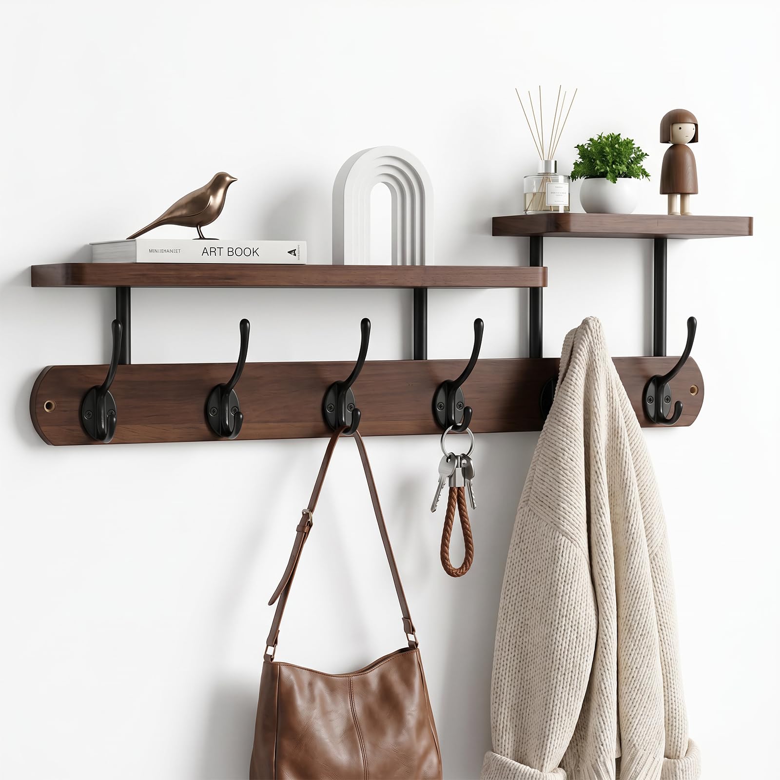 Wandgarderobe mit Ablage,Garderobenhaken Holz,Garderobenleiste Holz mit 6 Haken für Flure,Garderoben,Schlafzimmer(59CM) (Dunkle Holzfarbe)