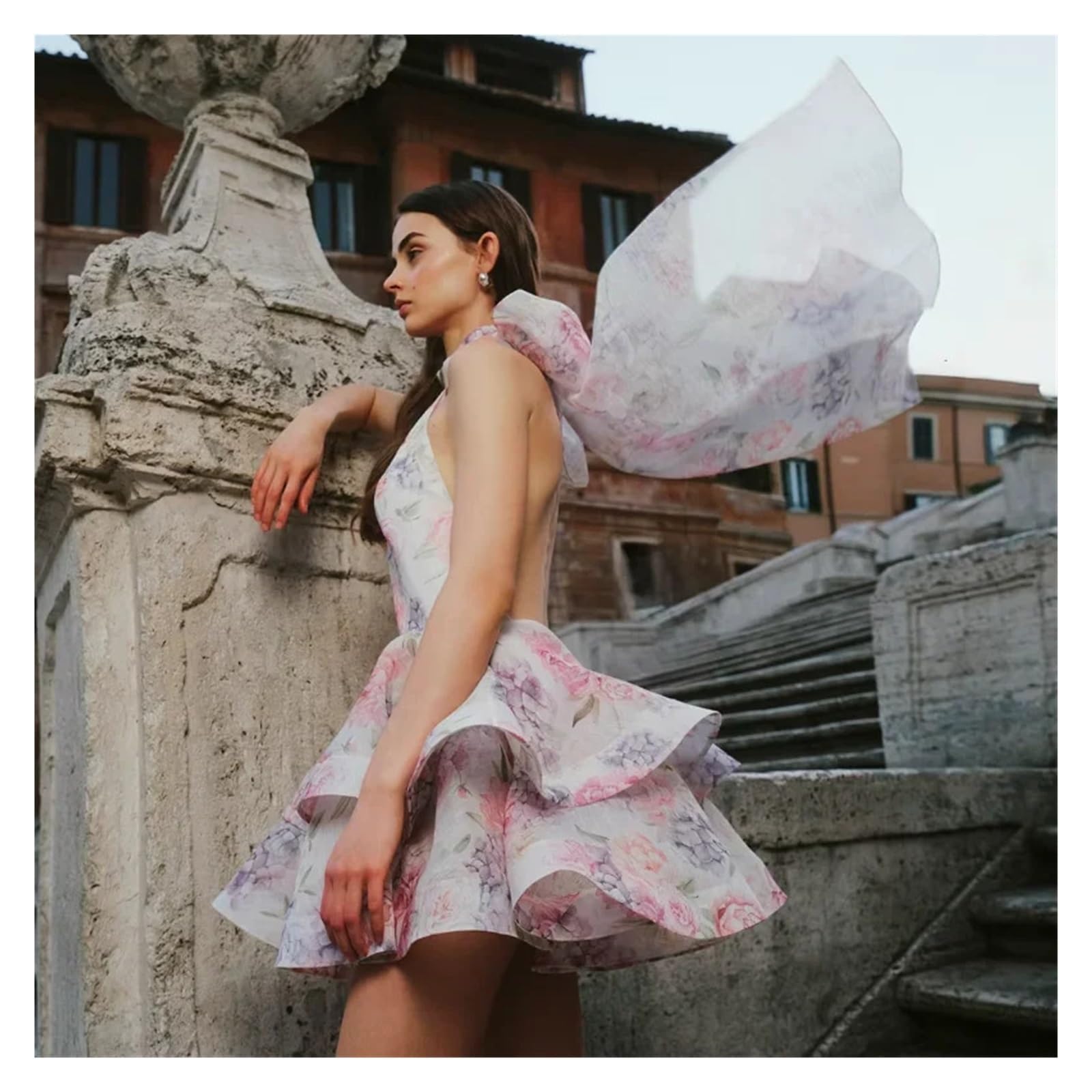 Vestito a Stampa Floreale Mini Abiti impilabili Eleganti con Stampa Floreale e Senza Maniche sulla Schiena