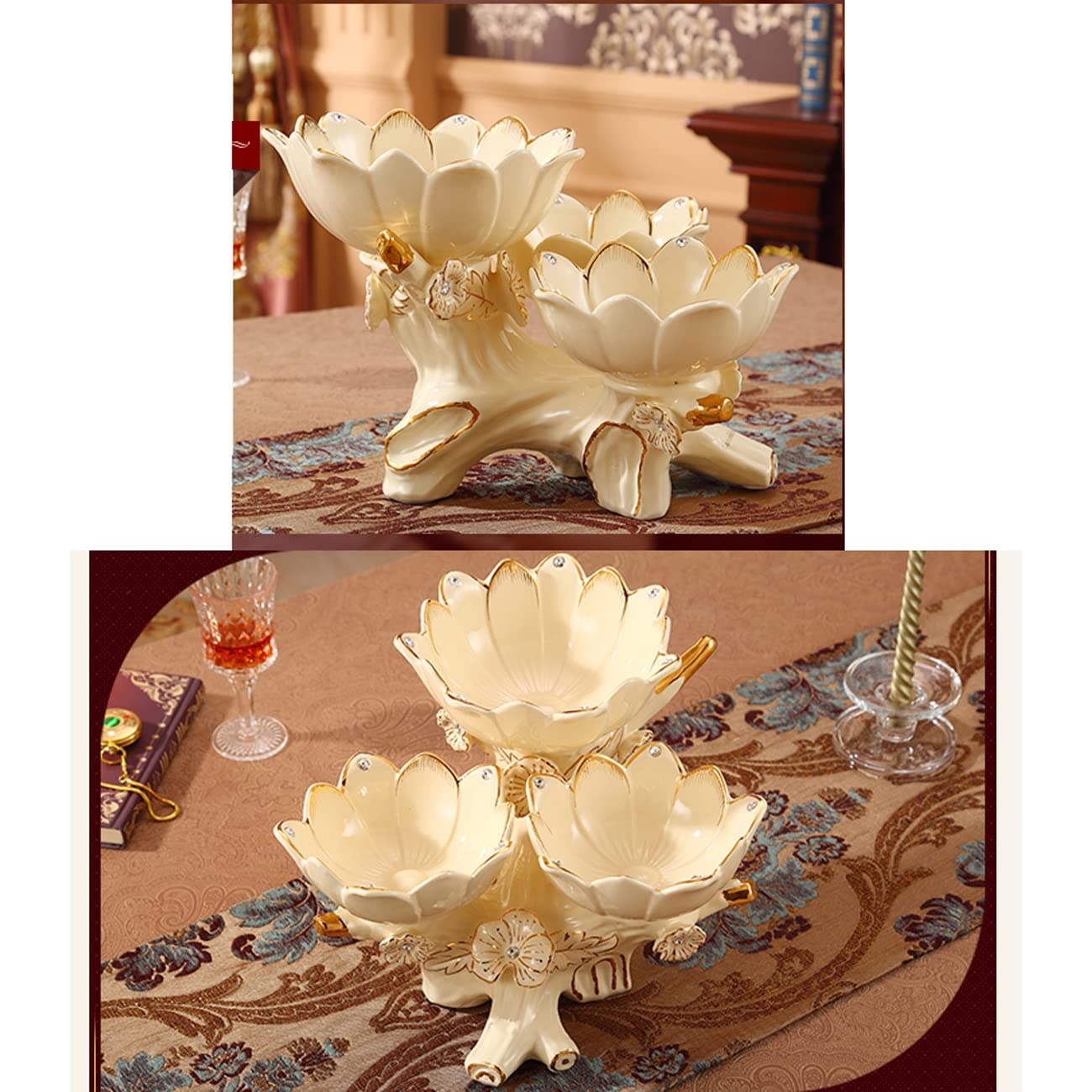 Bol à Fruits en céramique Aspect Lotus Assiette à Fruits secs 3 Compartiments pour collations Noix Fruits secs Bonbons Plateau de Service décoration de,